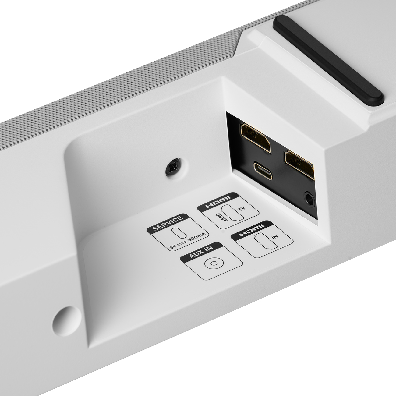 Gros plan de l'arrière d'une barre de son. Montre les connexions HDMI, Service et AUX IN.