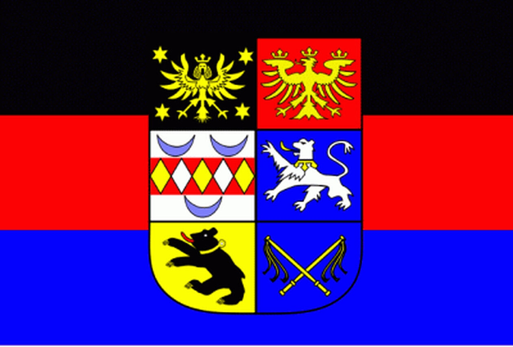 Eine Flagge mit schwarzen, roten und blauen Streifen und einem Wappen in der Mitte.