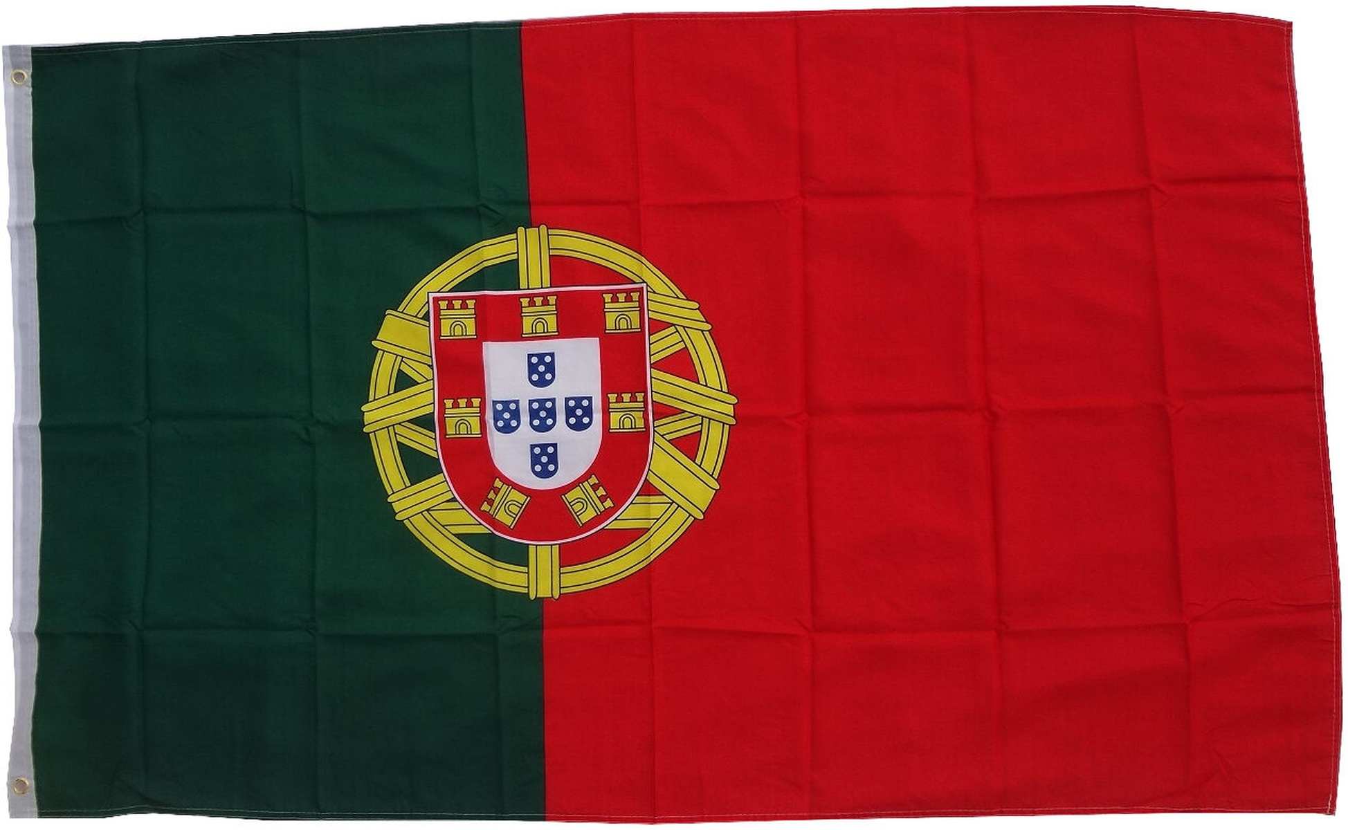 Portugiesische Flagge. Grüne und rote vertikale Hälften mit Wappen in der Mitte.