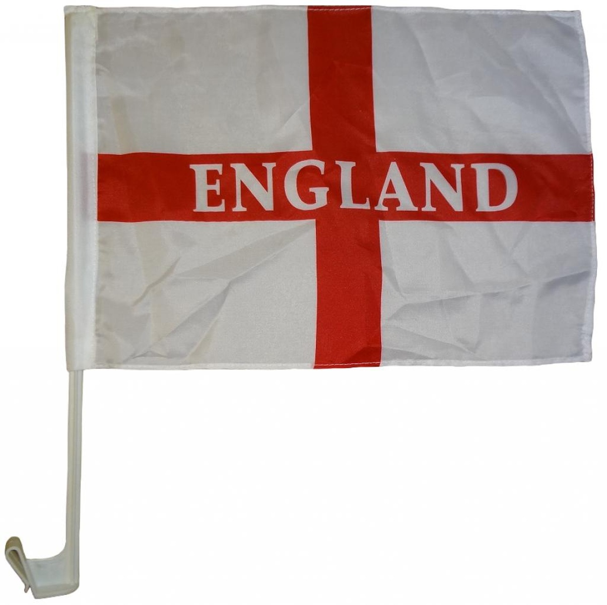 Englische Flagge an einem Autofenster-Stick. Weißes Feld mit rotem Kreuz und dem Wort ENGLAND.