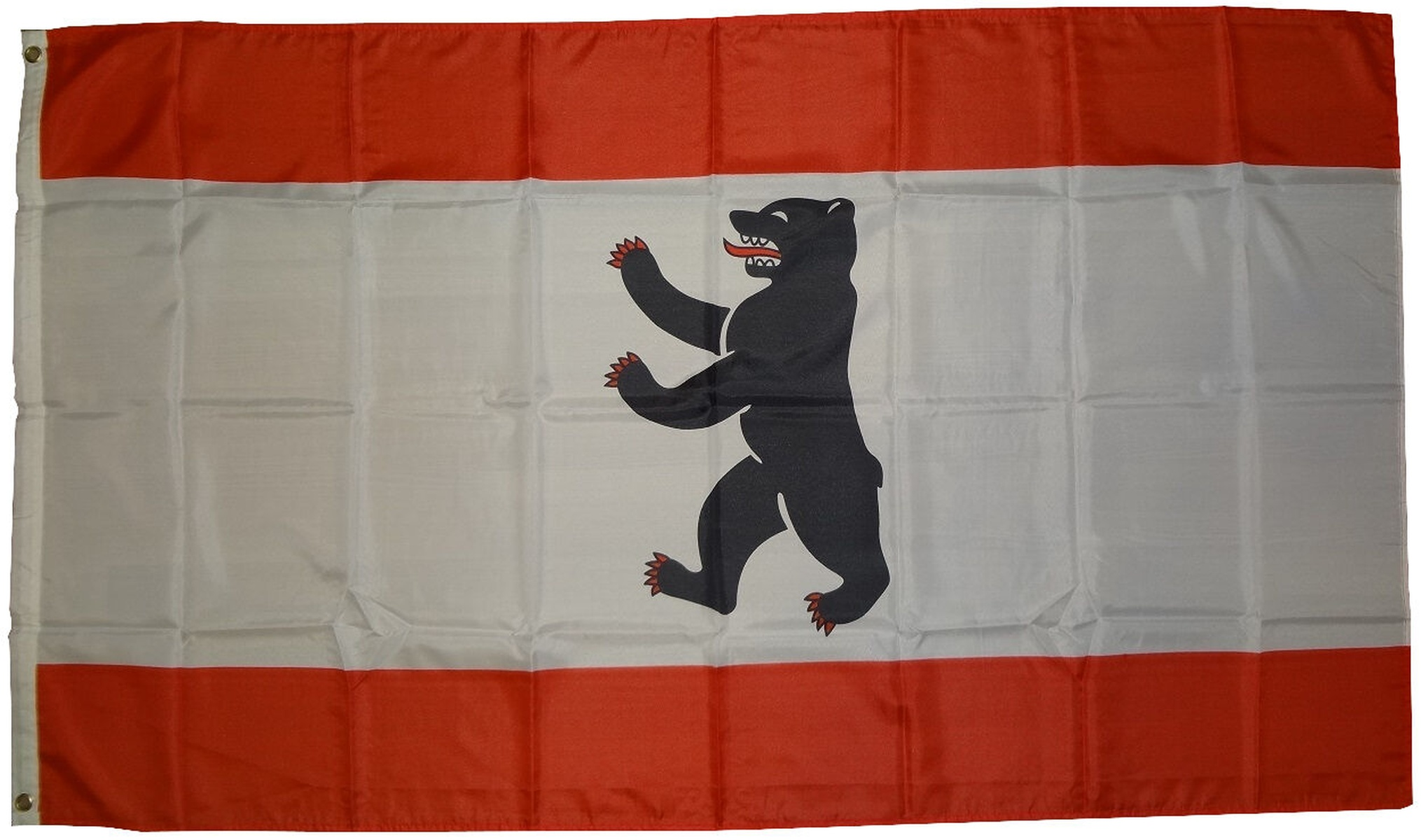 Flagge von Berlin auf weißem Grund. Sie zeigt einen schwarzen Bären mit roten Krallen und Zunge.