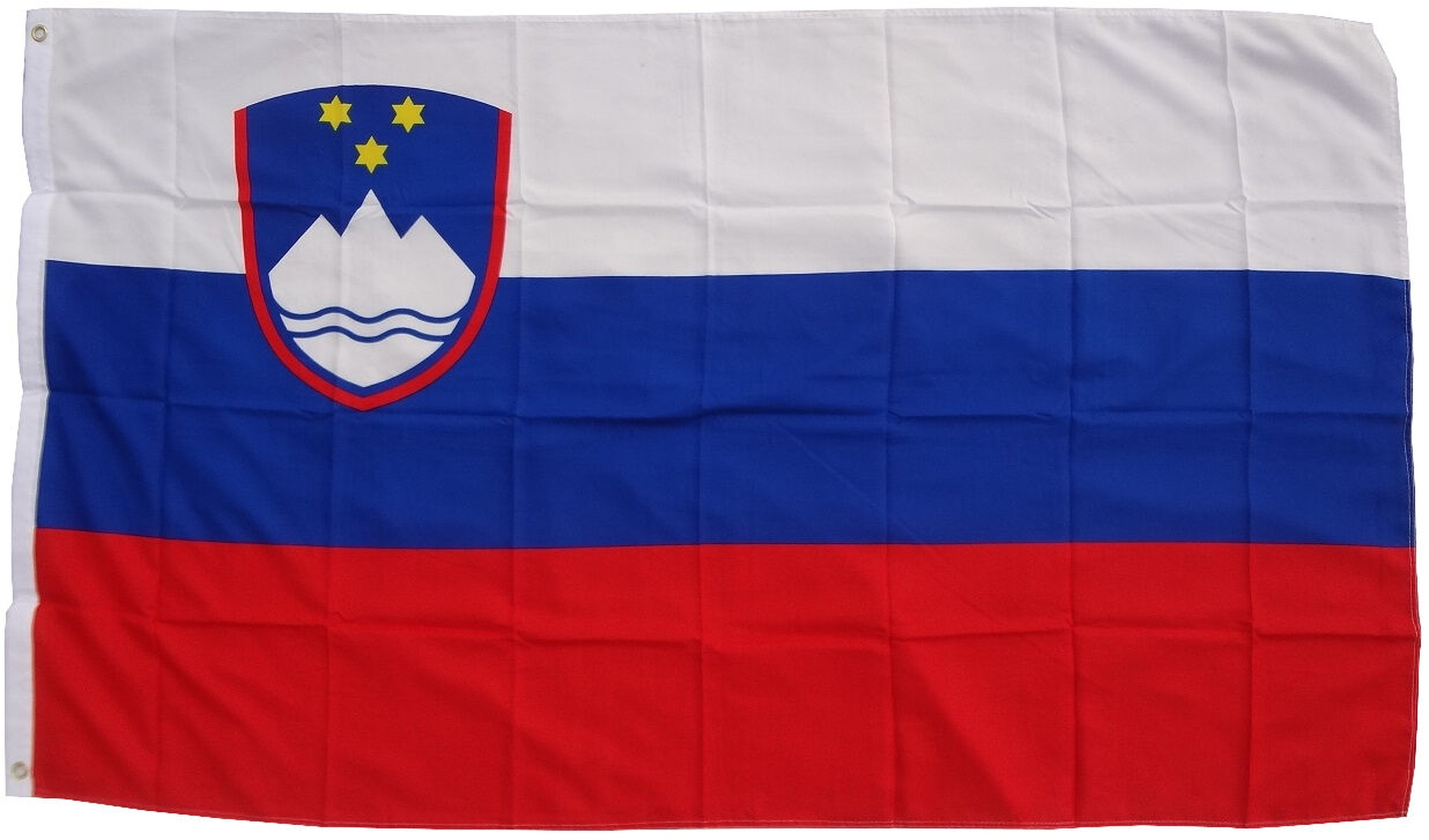 Slowenische Flagge. Weiße, blaue und rote horizontale Streifen mit Wappen links oben.