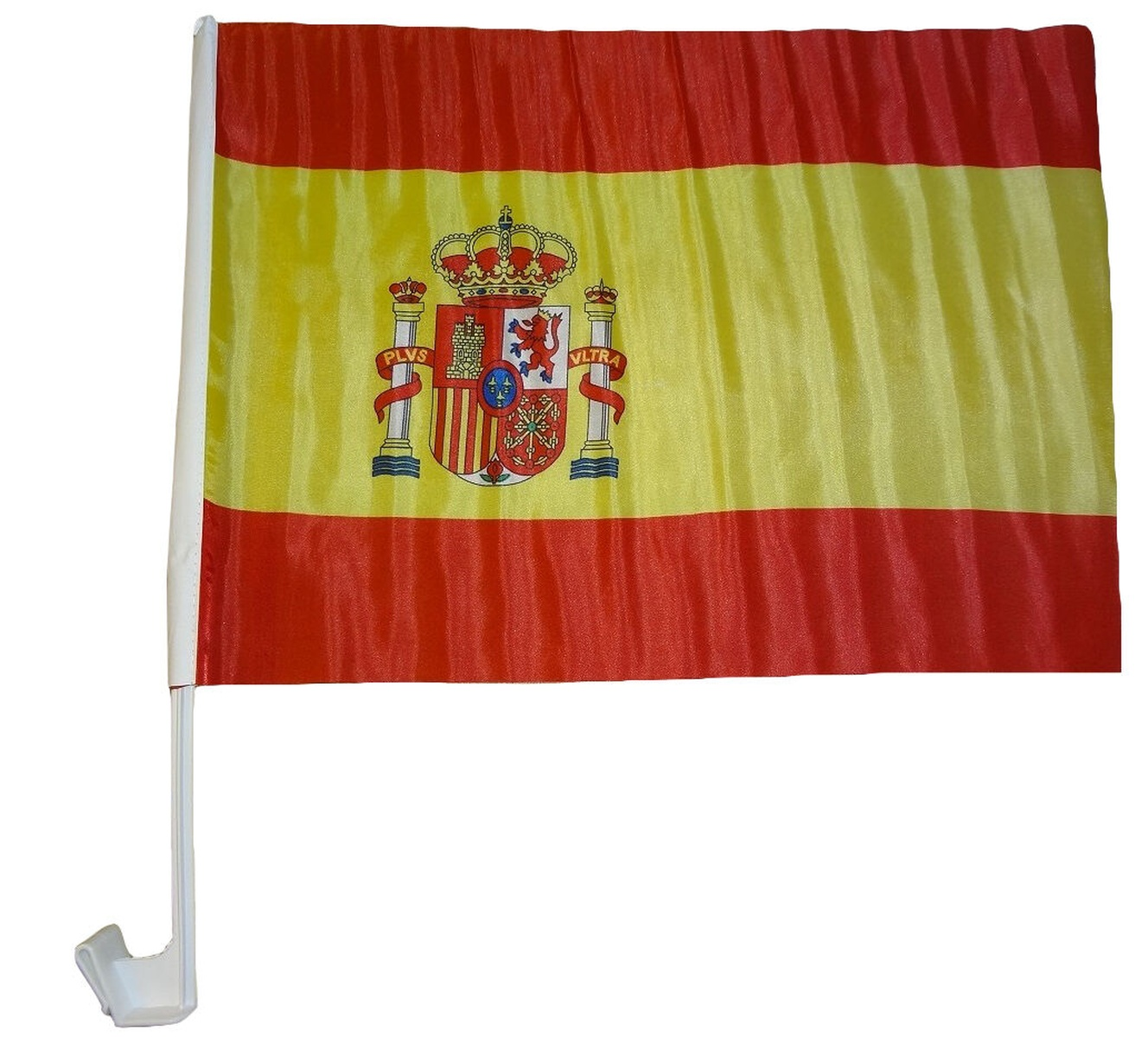 Spanische Flagge an einem Autofenster-Stick. Rote und gelbe horizontale Streifen mit Wappen.
