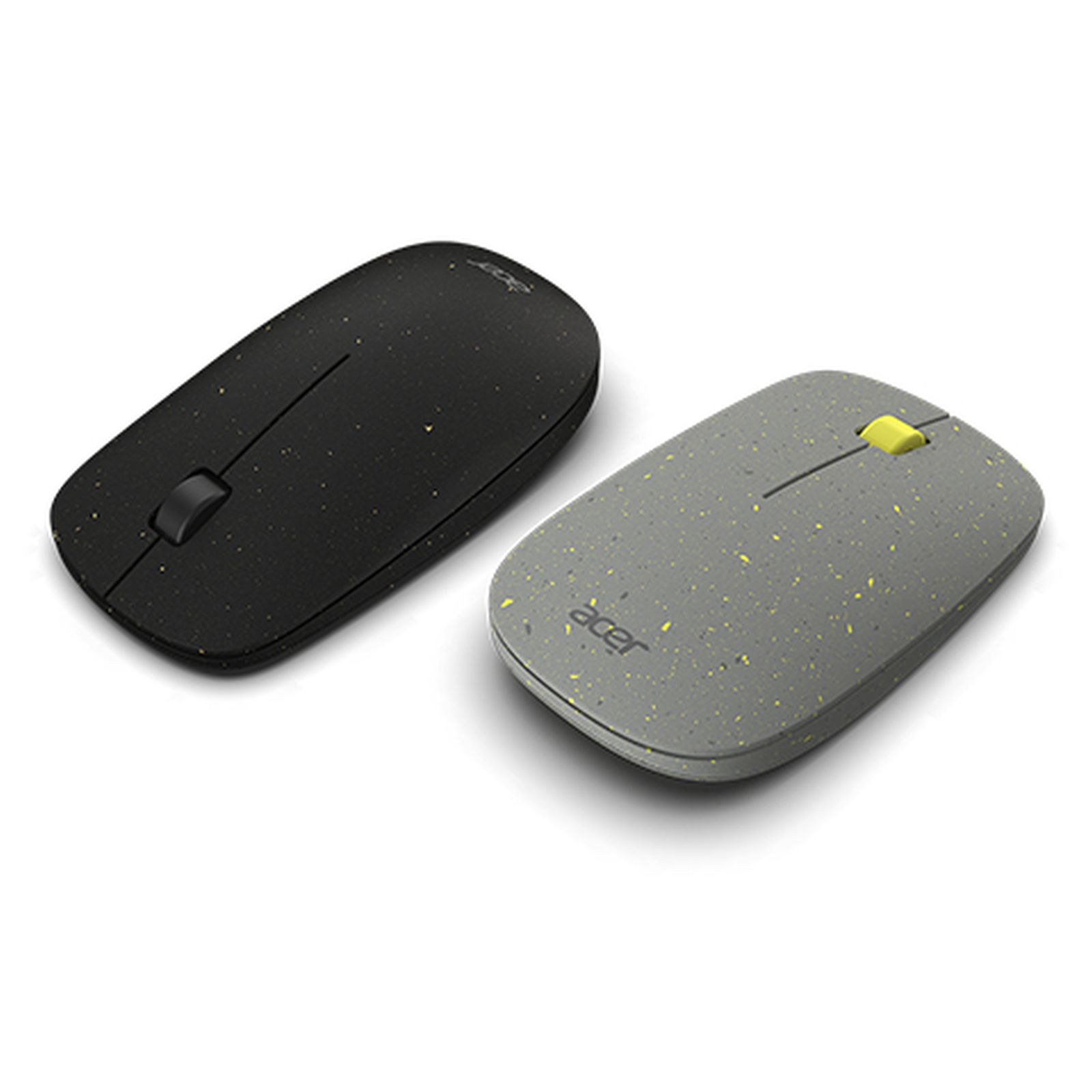Twee draadloze computermuizen. Eén zwart, één grijs met gele spikkels. Beide hebben Acer logo.