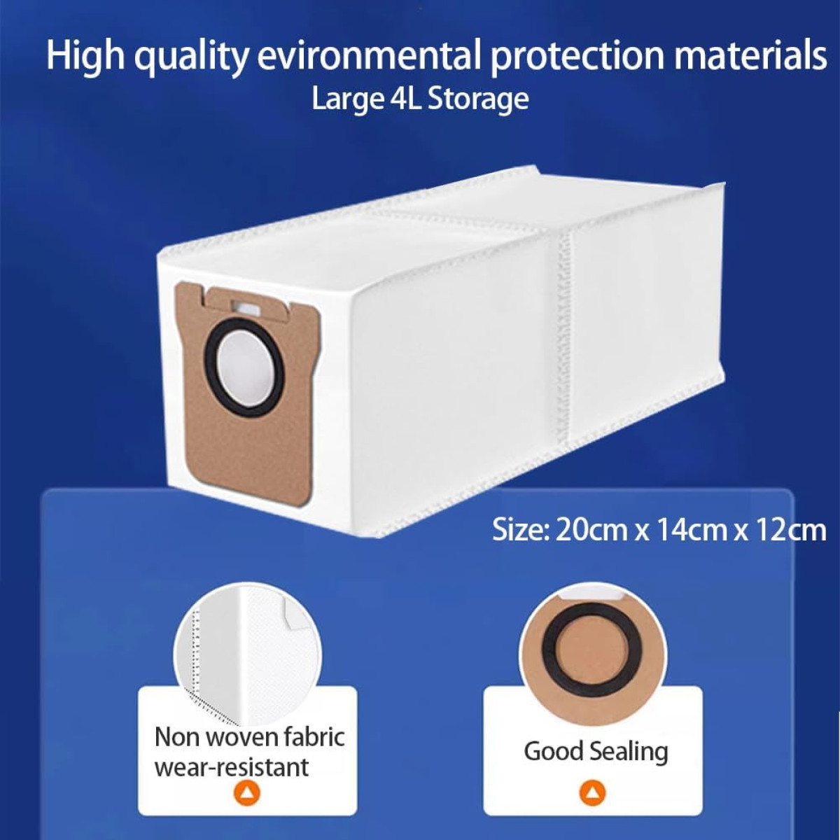 Sacco per aspirapolvere bianco con sigillo marrone, testo: Large 4L Storage e 'Non woven fabric wear-resistant'.
