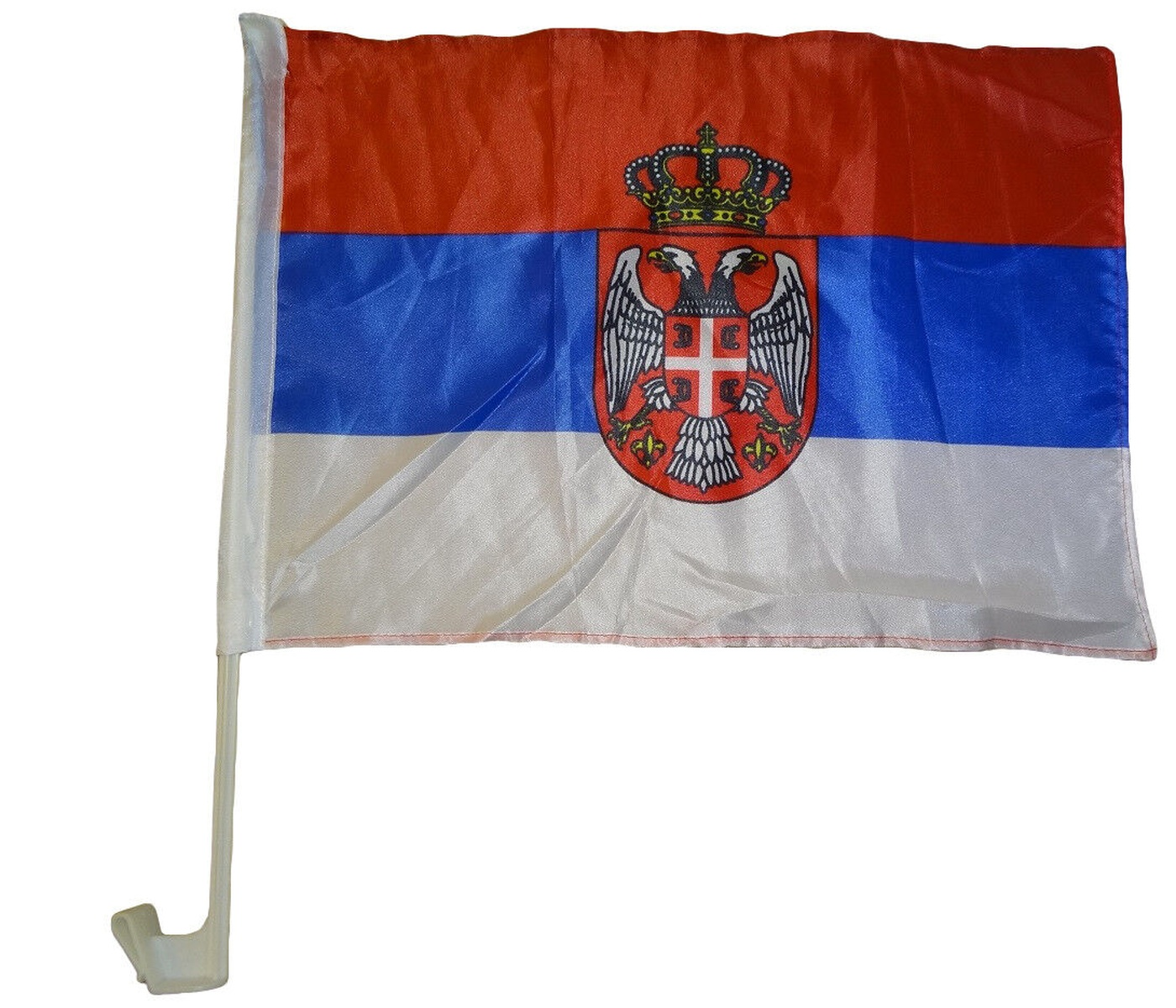 Serbische Flagge mit roten, blauen und weißen Streifen, mit Wappen mit Doppeladler.