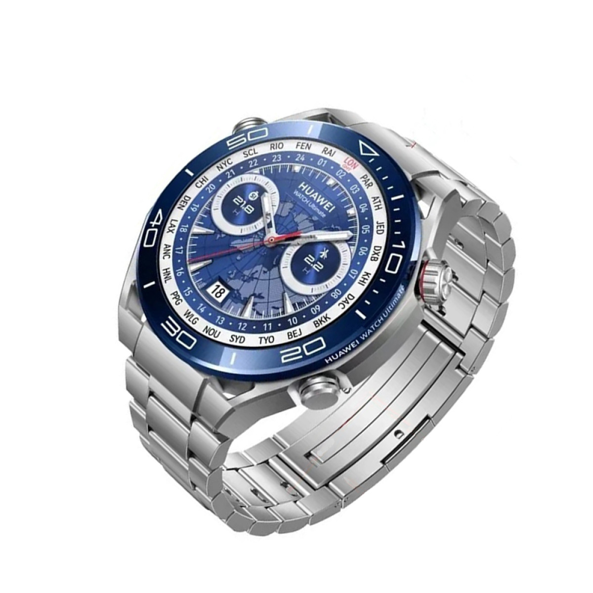 Eine silberne Huawei Smartwatch mit blauem Zifferblatt, die Zeit und Weltstädte anzeigt, mit Metallband.