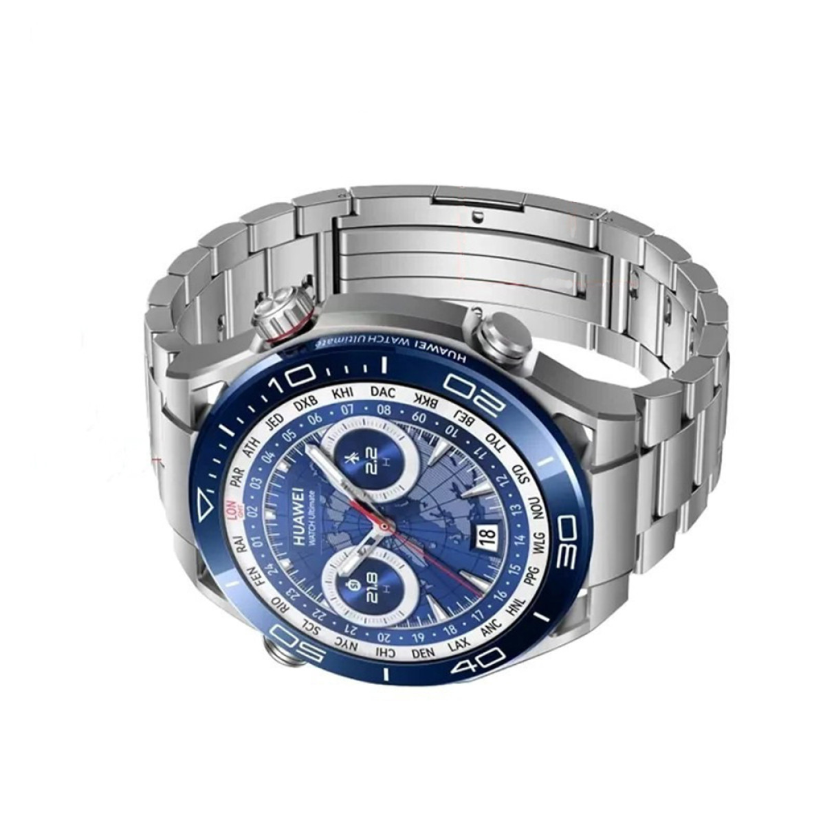 Eine silberne Uhr mit blauer Lünette. Sie hat mehrere Zifferblätter mit weißen Ziffern und ein Metallarmband.