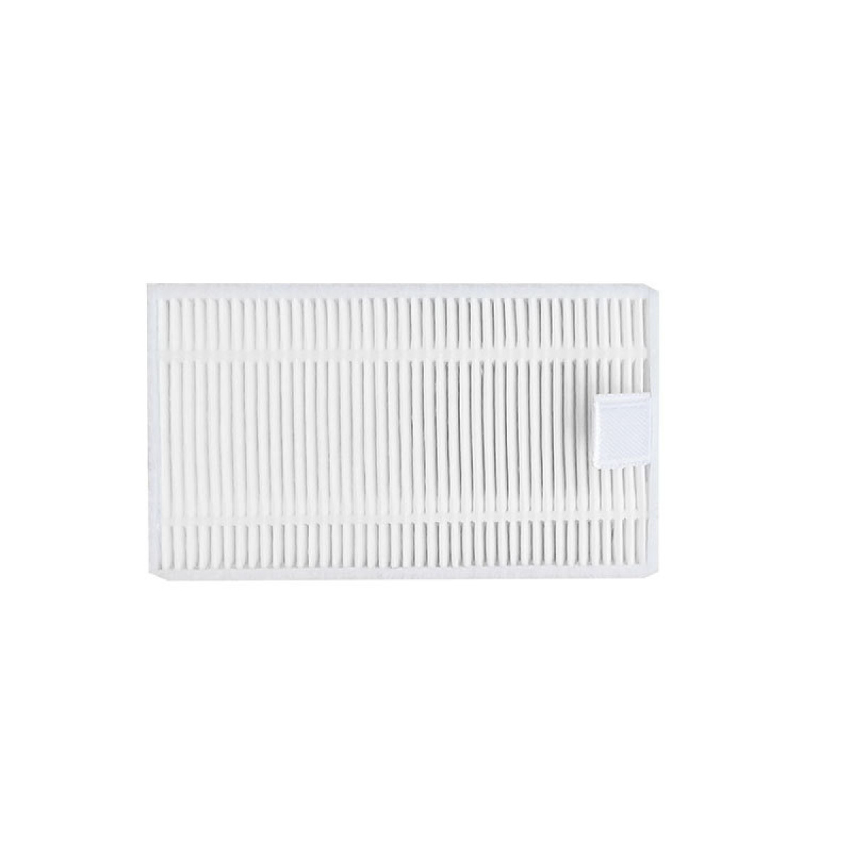 Un filtro HEPA rettangolare bianco con creste verticali e una piccola linguetta bianca a destra.