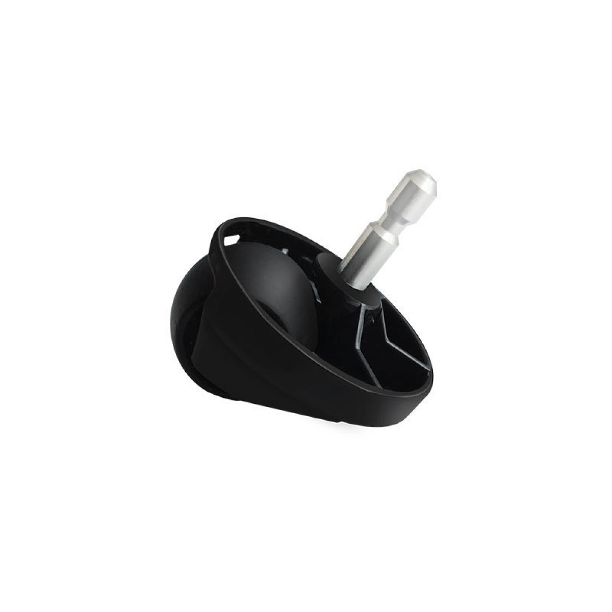 Un accessorio nero con una punta di trapano argentata, progettato per un trapano, su sfondo bianco.