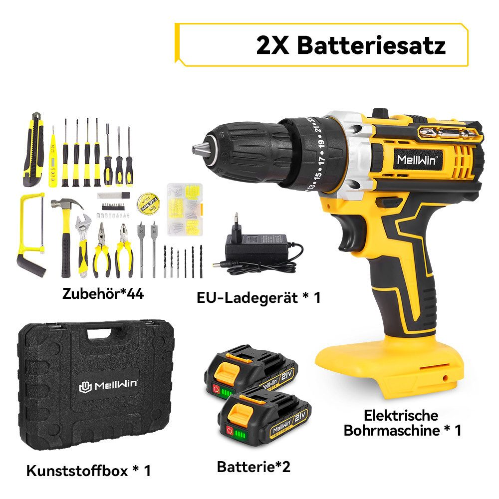Bohrmaschine, Batterien und Werkzeuge in einer Box. Etiketten auf Deutsch.