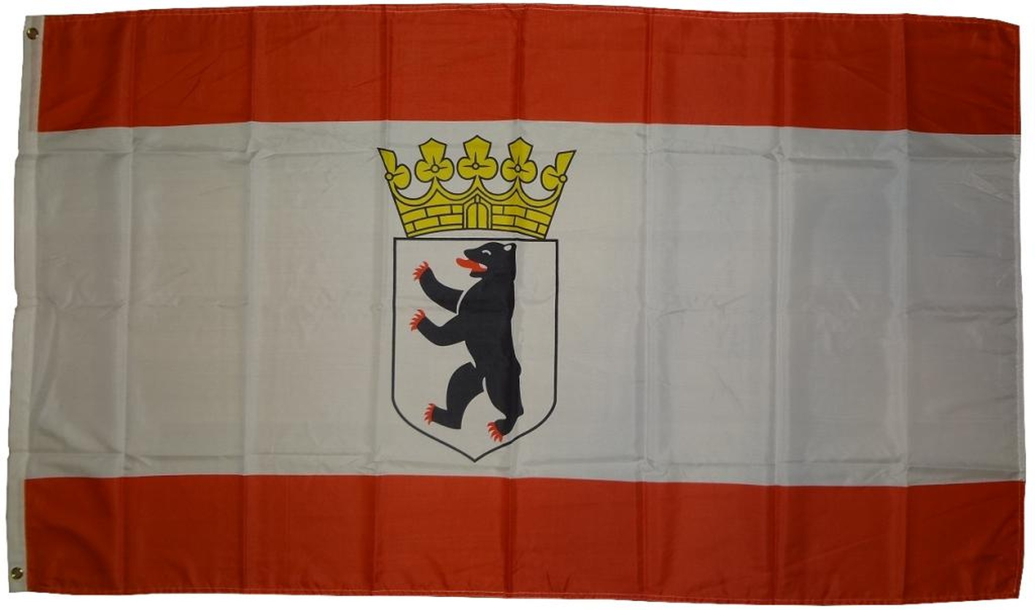 Die Berliner Flagge mit roten Rändern, einem weißen Zentrum und einem Bärenemblem mit Krone.