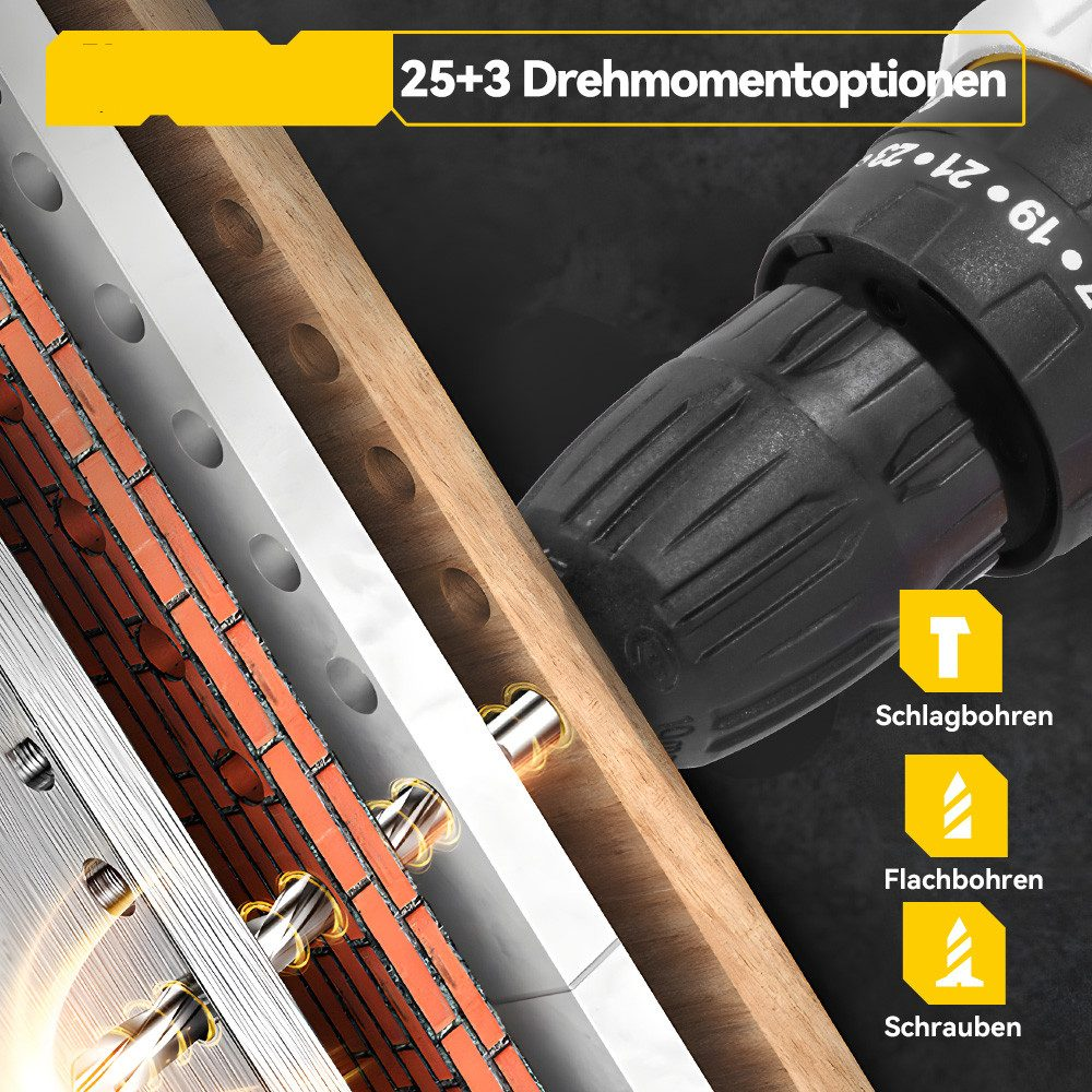 Nahaufnahme, die den Bohrer in Gebrauch zeigt, mit Holz-, Ziegel- und Metallschichten, mit Beschriftungen.