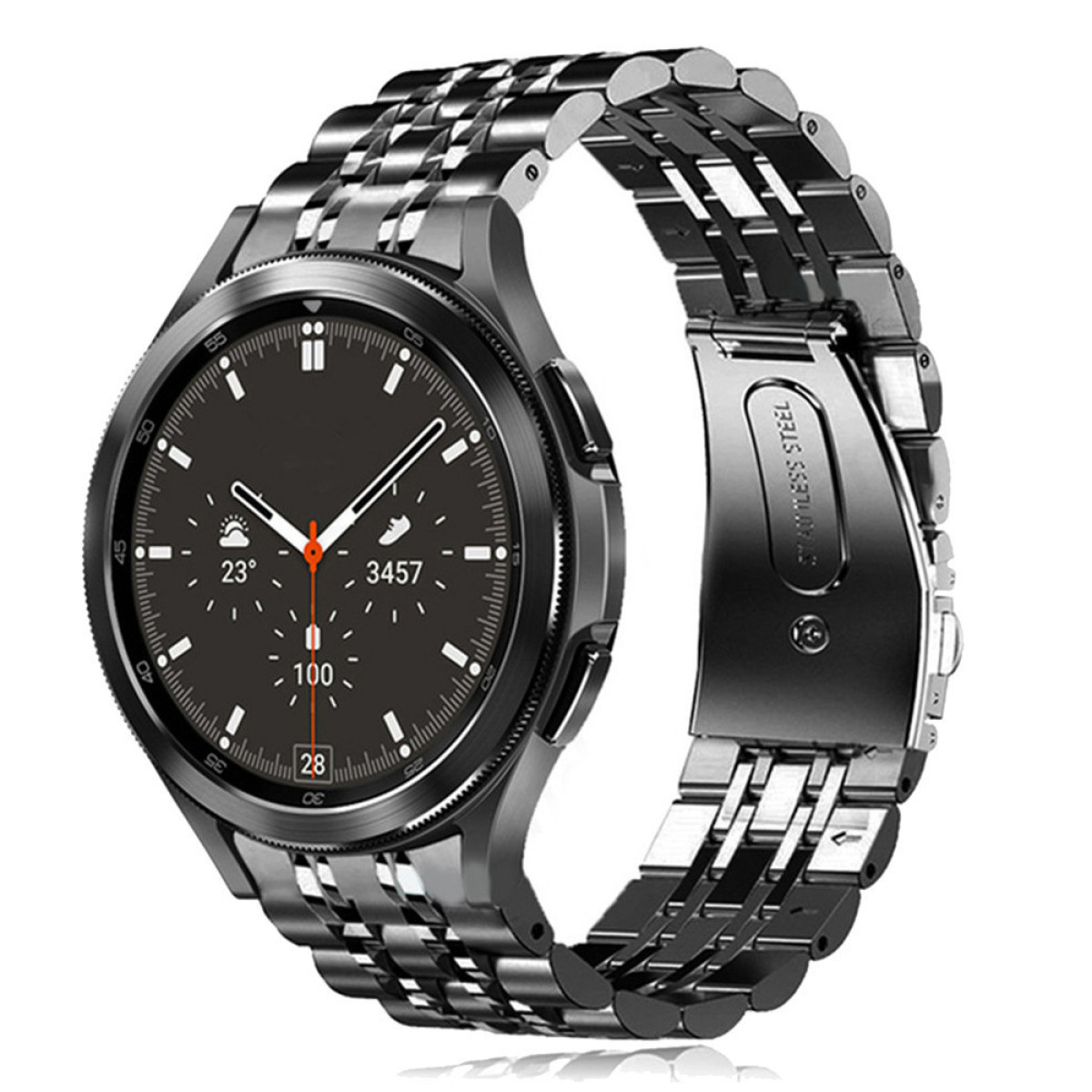Uno smartwatch nero con cinturino in metallo.