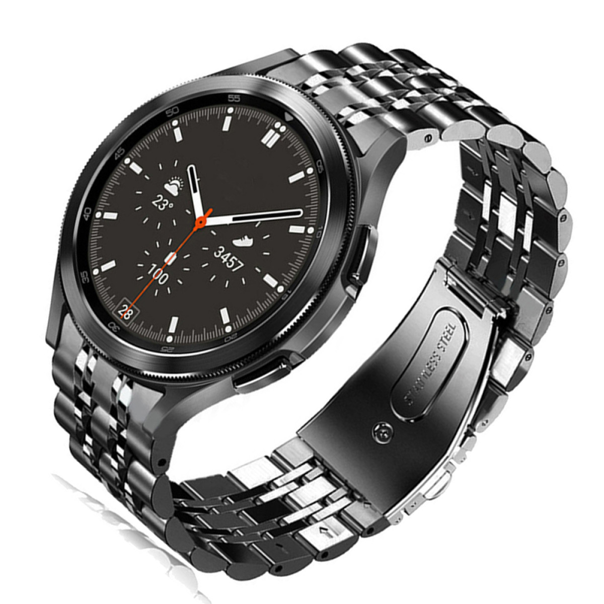 Smartwatch nero con cinturino in metallo nero. Il quadrante mostra ora, data e statistiche di attività.