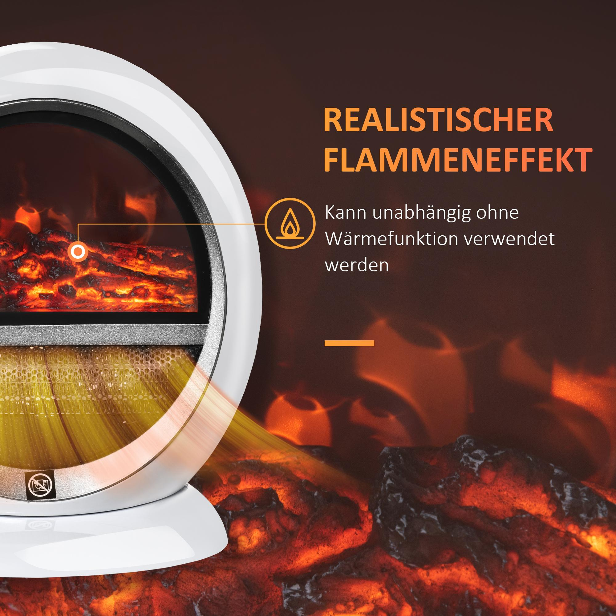 Nahaufnahme eines elektrischen Kamins. Weißer Rahmen mit orangefarbenen Flammen und Text 'REALISTISCHER FLAMMENEFFEKT'.