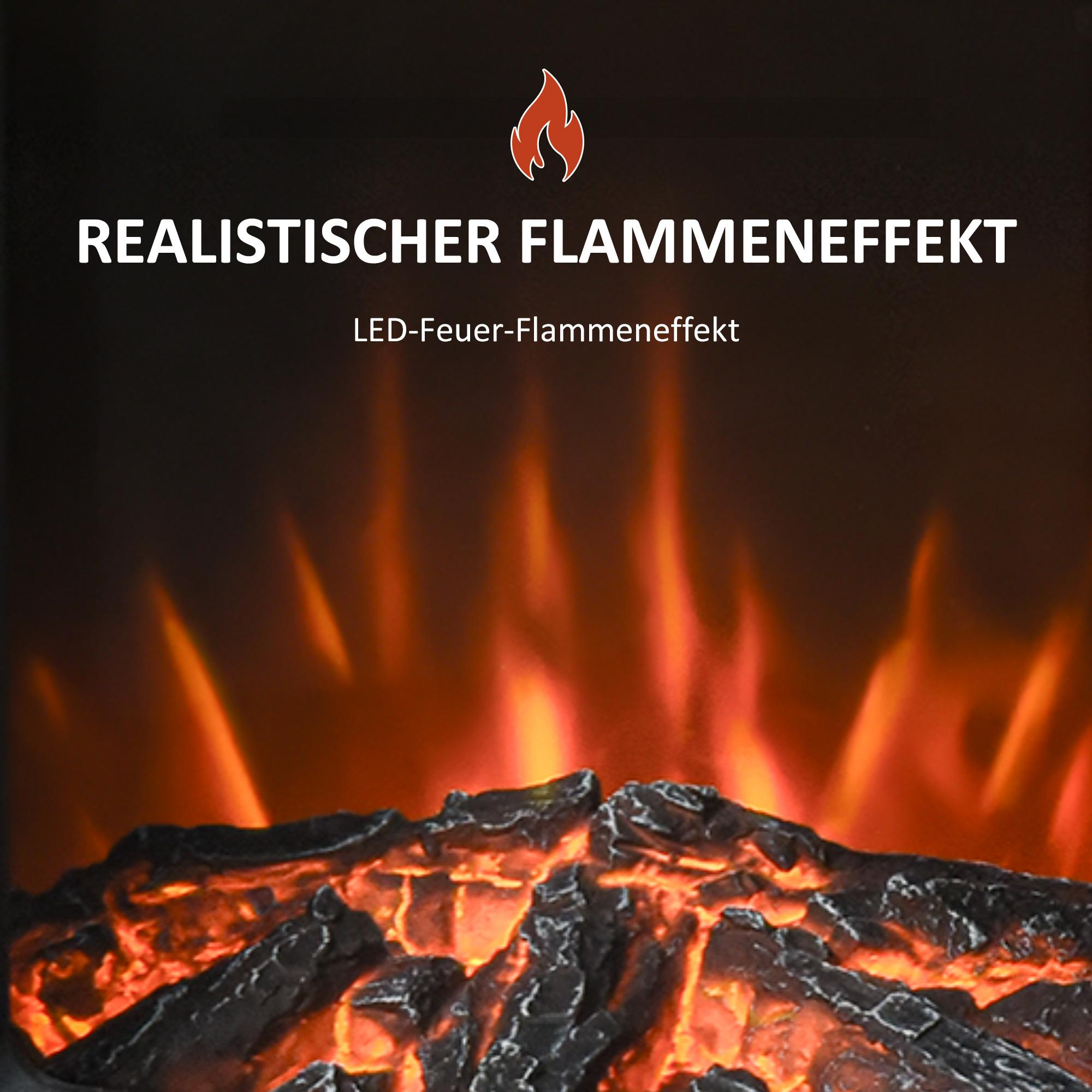 Bild von elektrischen Kaminflammen mit dem Text 'REALISTISCHER FLAMMENEFFEKT'. Flammen sind orange und schwarz.
