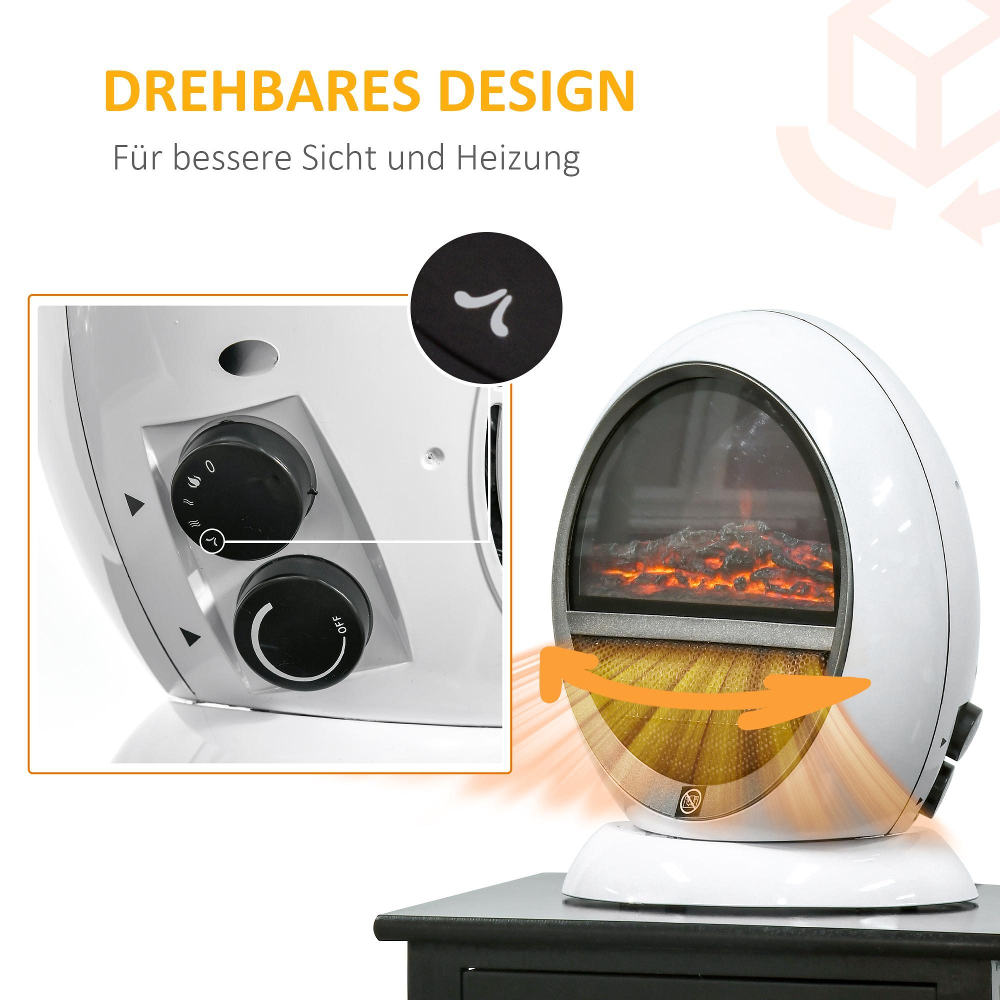 Nahaufnahme eines weißen elektrischen Kamins mit Bedienelementen und einem orangefarbenen Flammeneffekt.