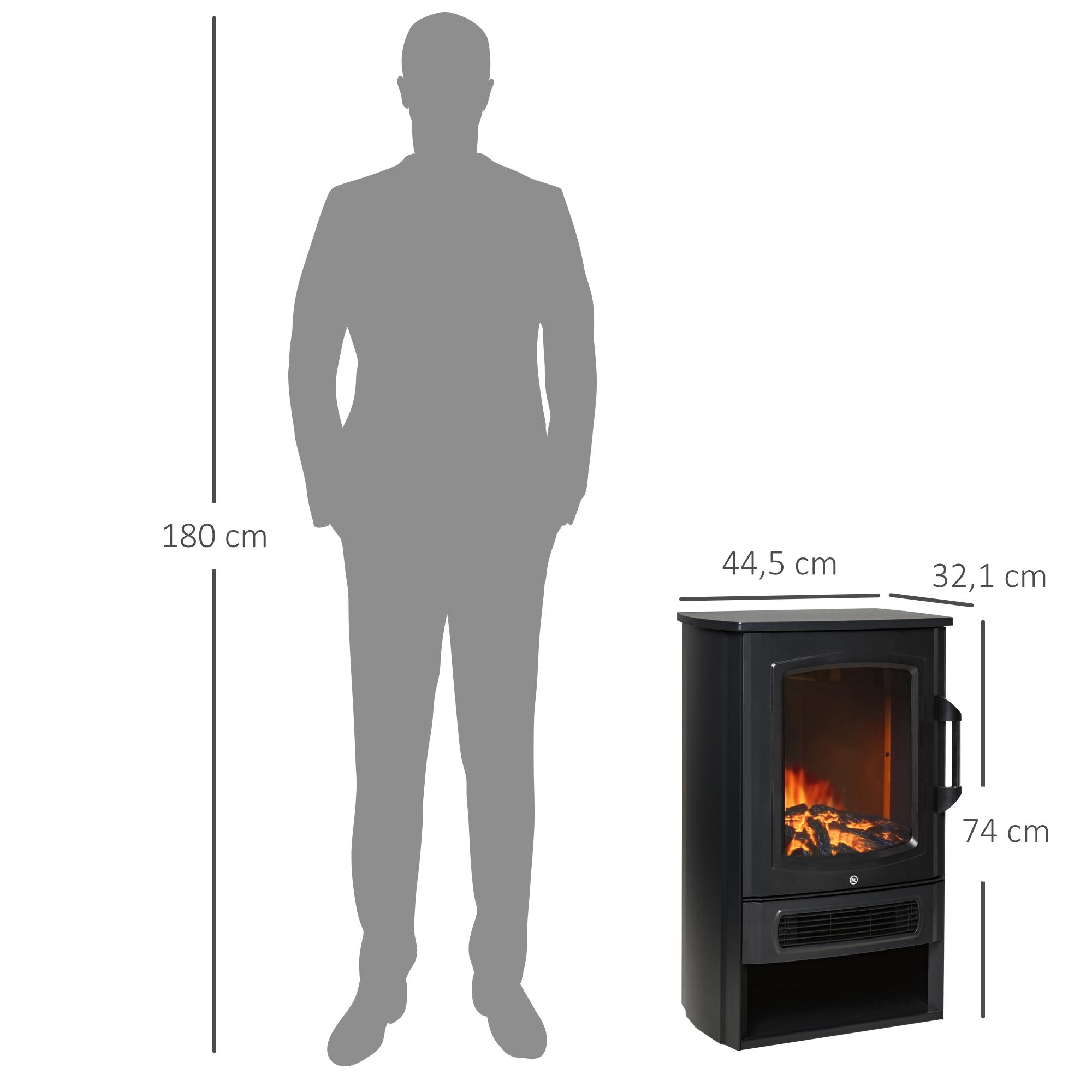 Ein schwarzer elektrischer Kamin mit Abmessungen und eine menschliche Silhouette zum Größenvergleich.