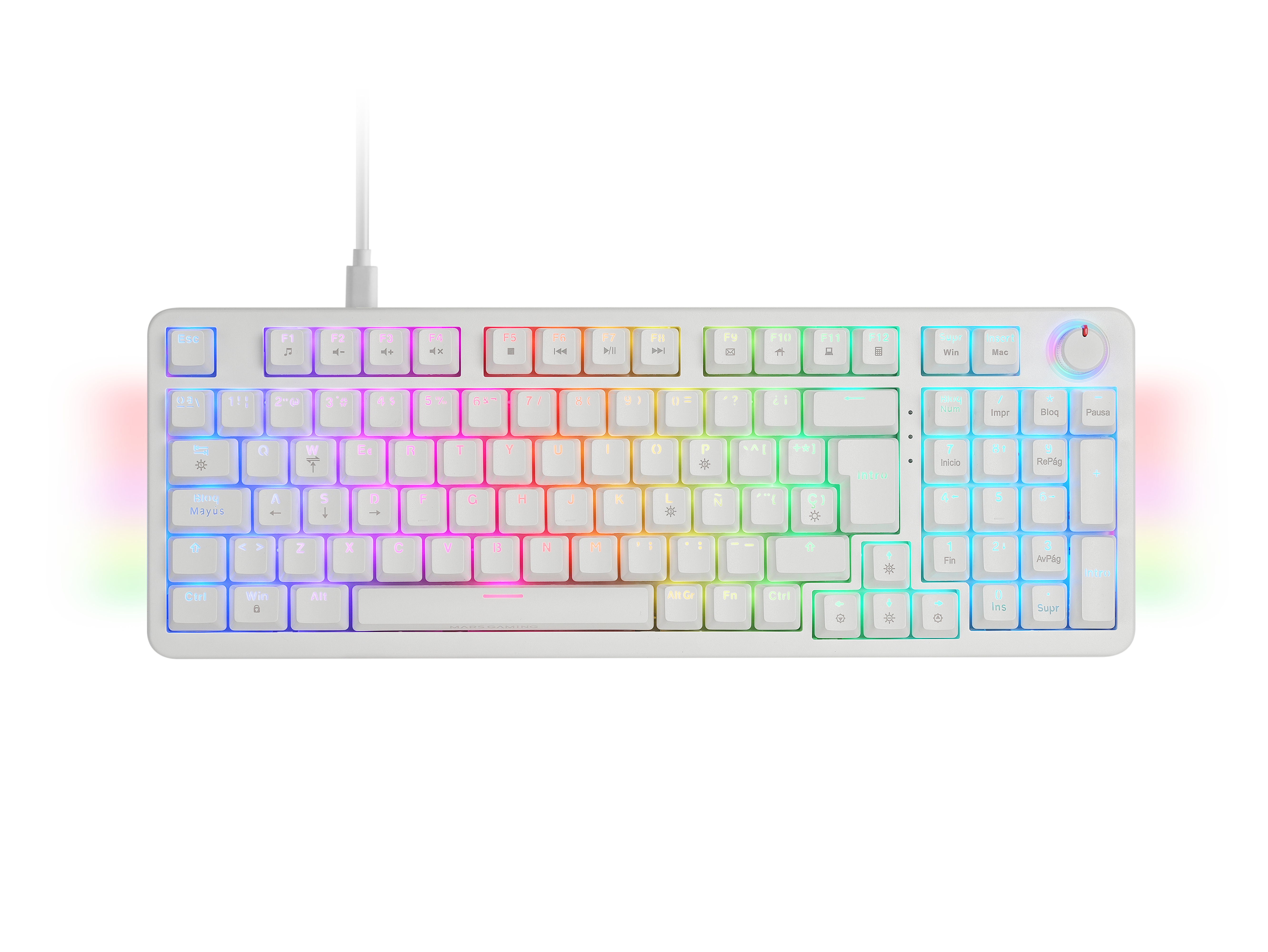 Weiße Tastatur mit mehrfarbigen Tasten, Kabel angeschlossen. Sie hat verschiedene Funktionstasten und eine Lautstärkeregelung.