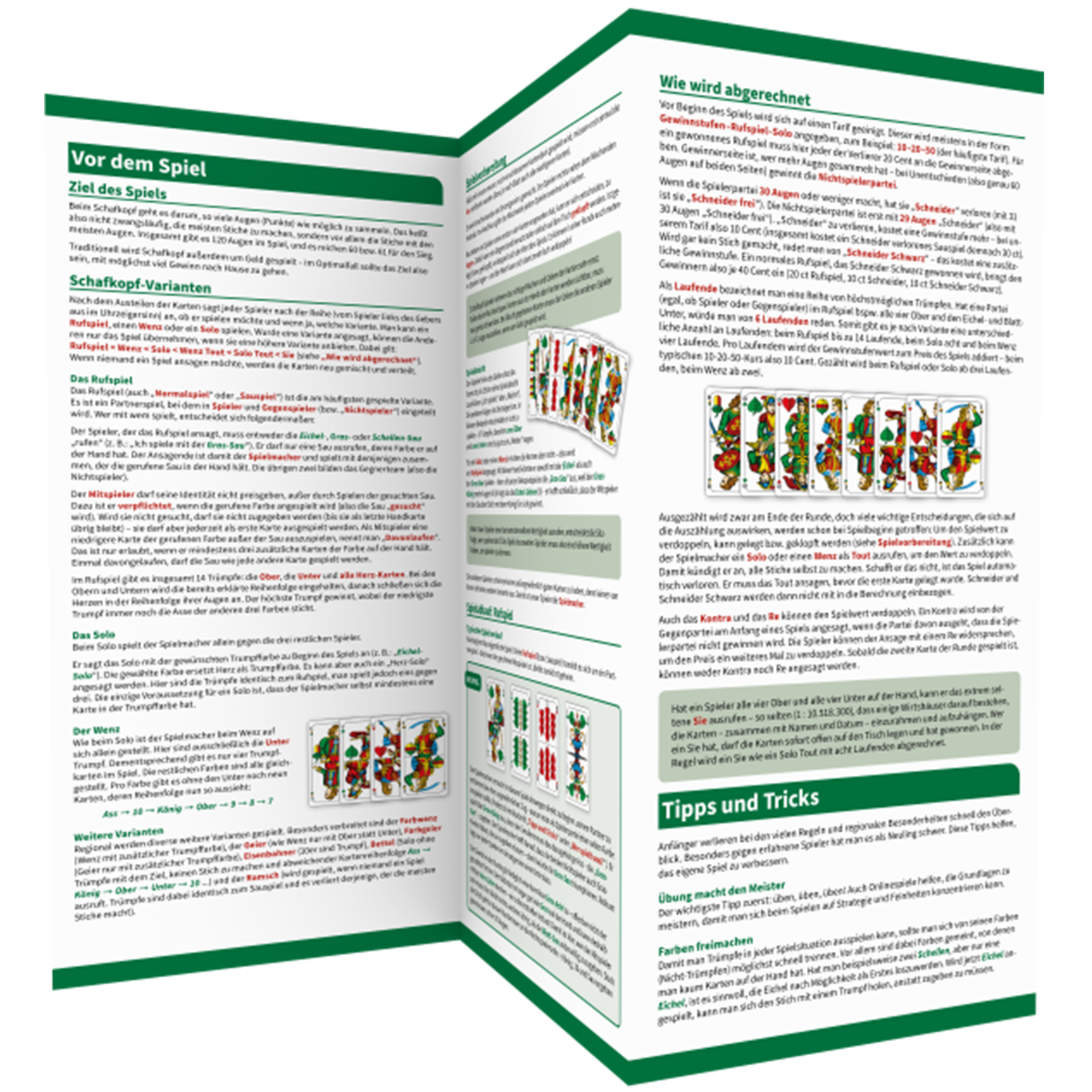 Deutscher Text über Spielregeln, mit Kartenillustrationen und Spielablauf. Der Hintergrund ist weiß und grün.