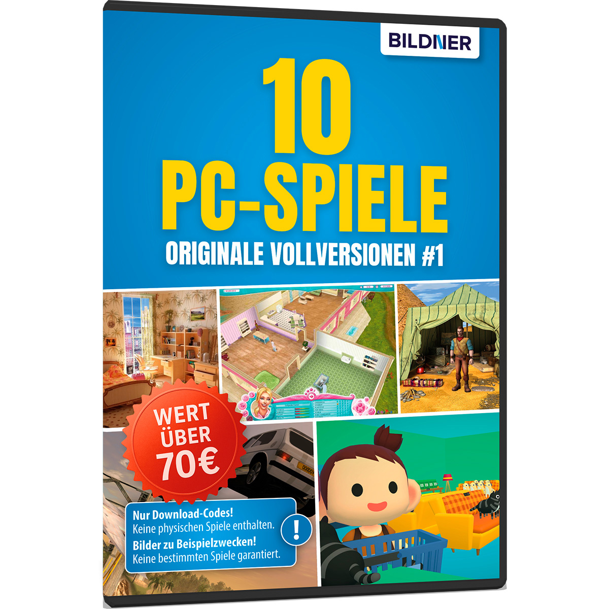 Eine Spielbox mit dem Text '10 PC-SPIELE' und Bildern von Spielszenen. Ein rotes Banner mit dem Preis ist vorhanden.
