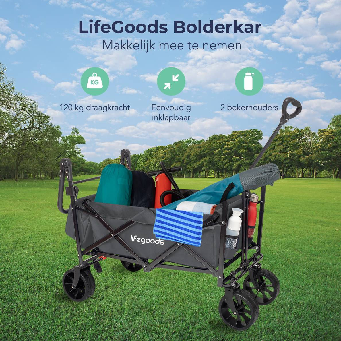 A green wagon is on grass, with text and icons describing its features. Blue sky background.