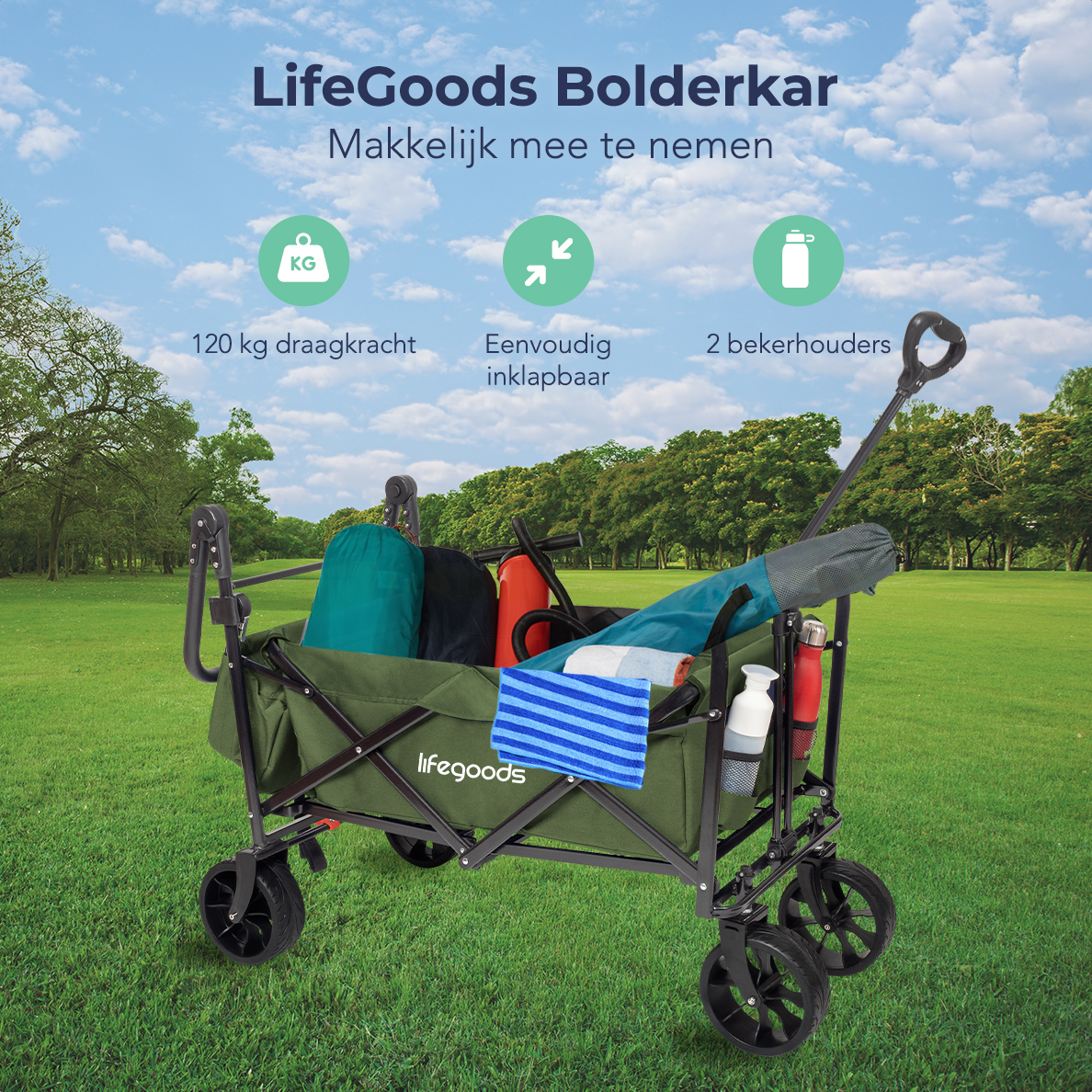 A green wagon is on grass, with text and icons describing its features. Blue sky background.