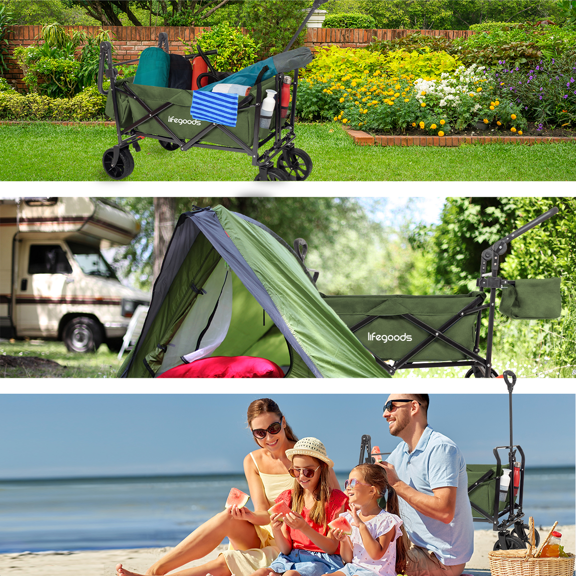 Green wagon with items, in a garden, with a white fence. People are sitting, and smiling.
