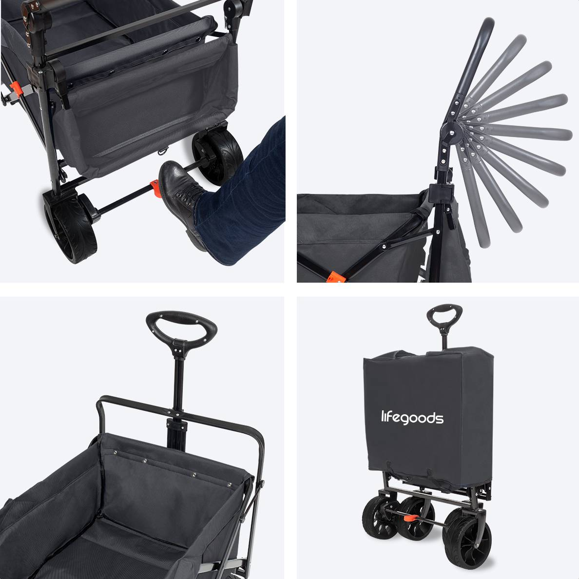 Collage of a folding wagon. Includes close-ups of the handle, wheels, and a foot brake being engaged.