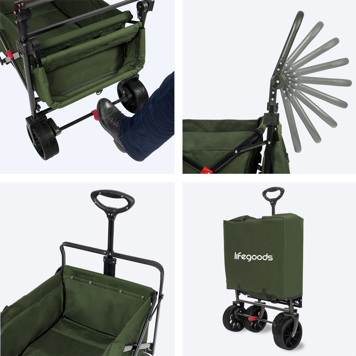 Green wagon details. Showing the foot brake, handle adjustments, and the folded wagon with a white background.