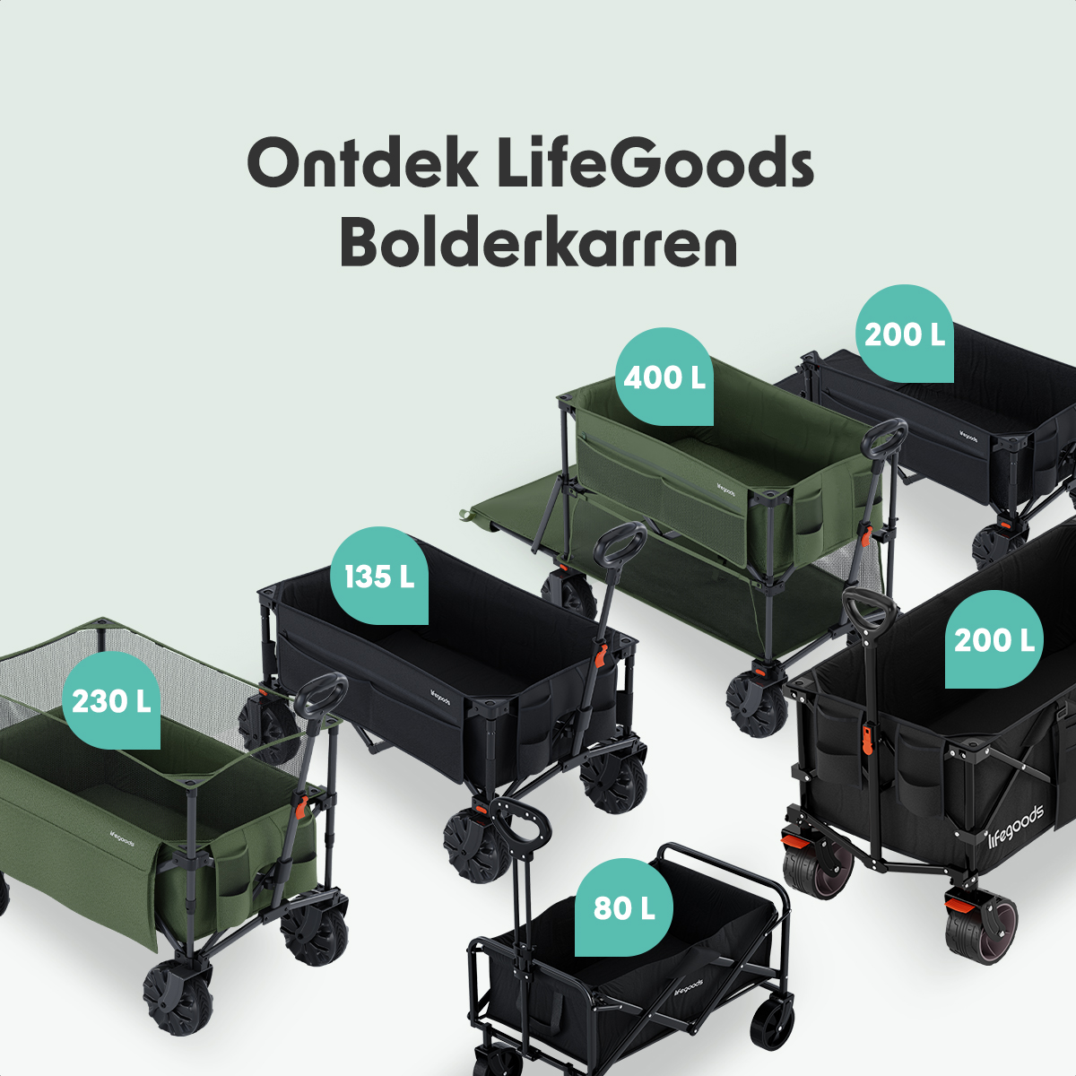 Several black LifeGoods folding wagons with different capacities are shown on a light green background.