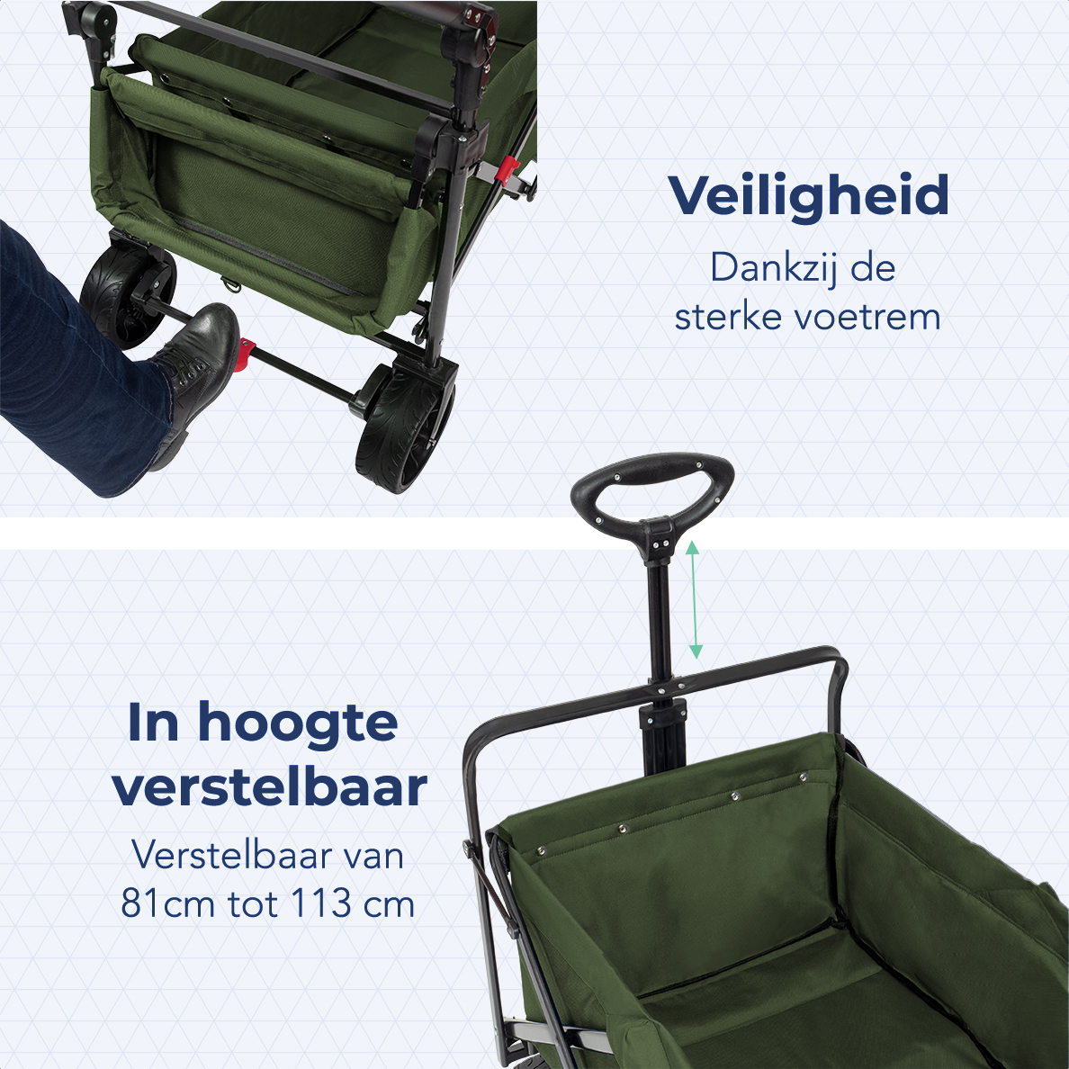 A close-up of a folding wagon's features. The image shows a foot brake and an adjustable handle.