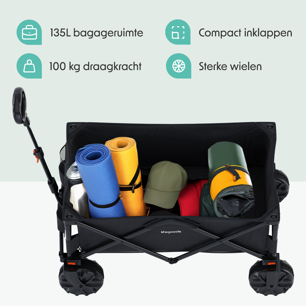 Black wagon with items inside. Includes rolled mats, caps, bottles. Text indicates 135L luggage space and 100kg capacity.