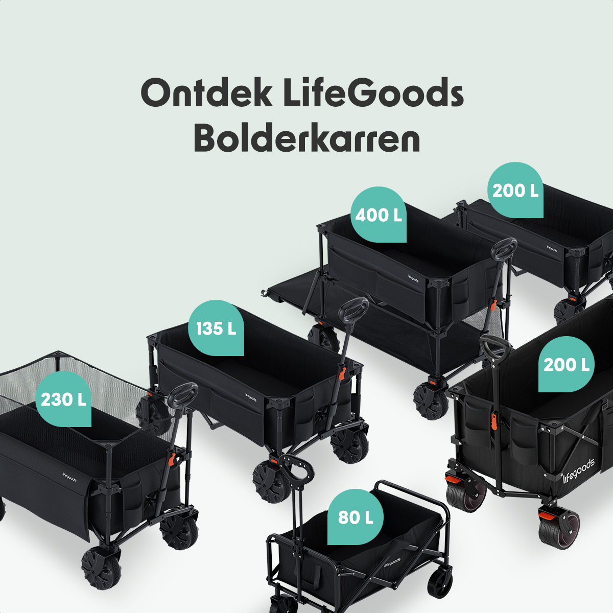Several black LifeGoods folding wagons with different capacities are shown on a light green background.