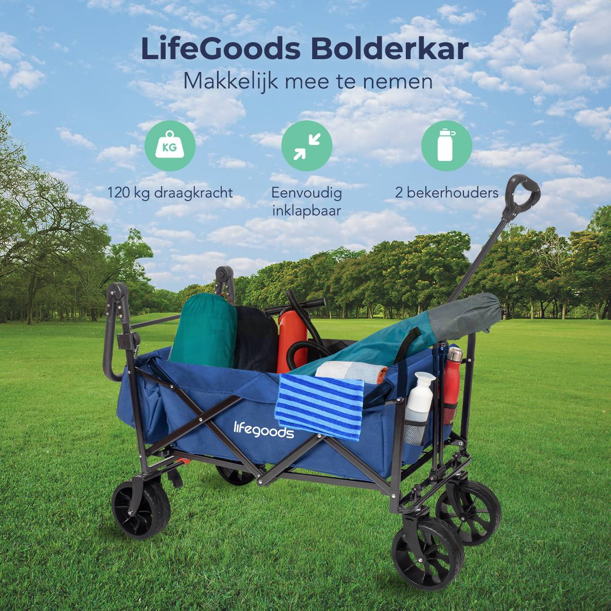 A blue wagon loaded with items on a grassy background. Text indicates capacity and features.