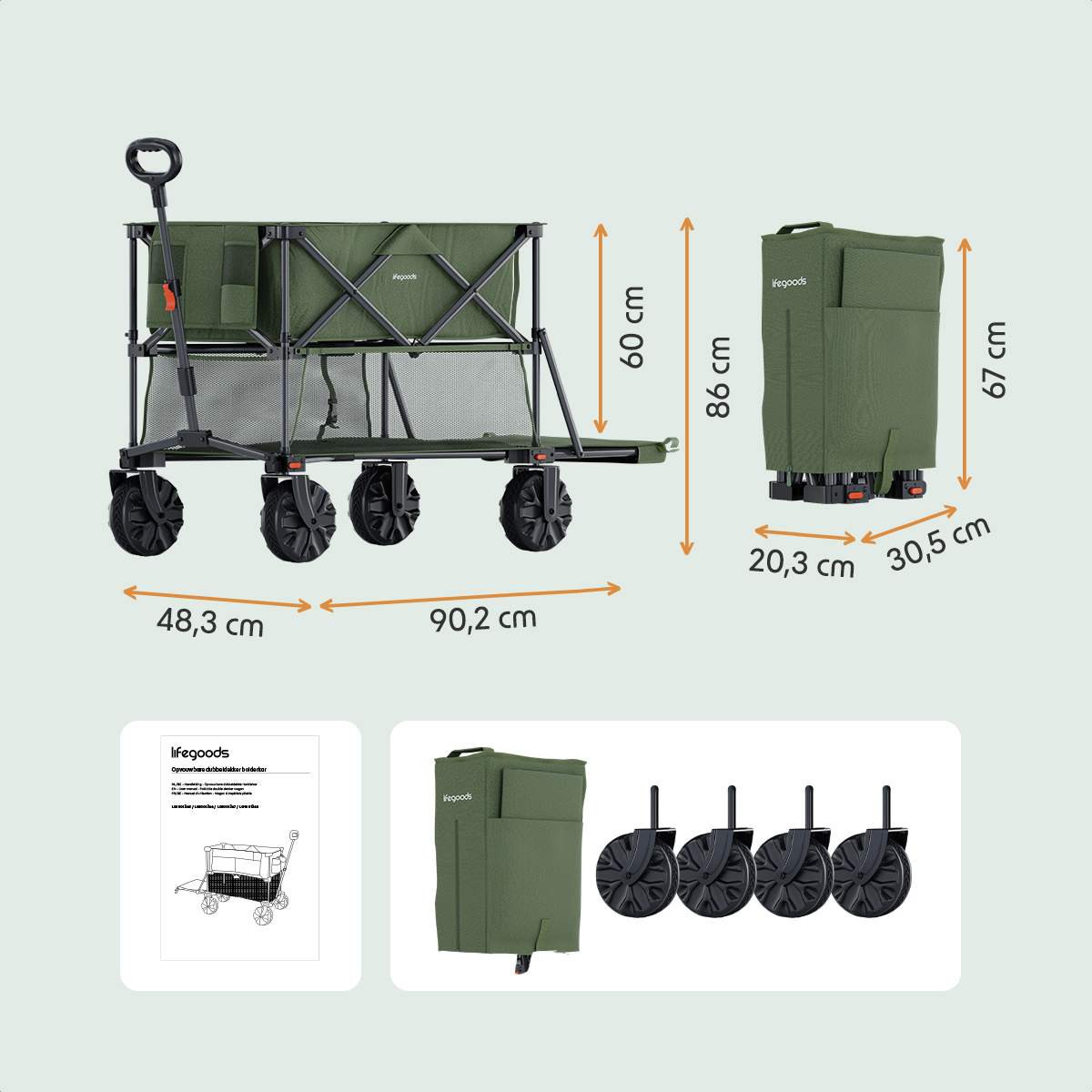 A green wagon with dimensions labeled. The wagon is folded and unfolded. Also, a diagram and wheels are shown.