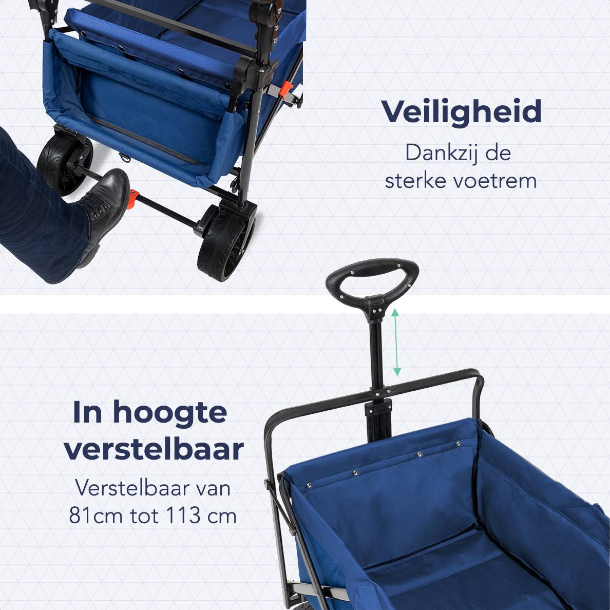 A person steps on a brake. Text says 'height adjustable' and 'foot brake'. Blue wagon with a black frame.