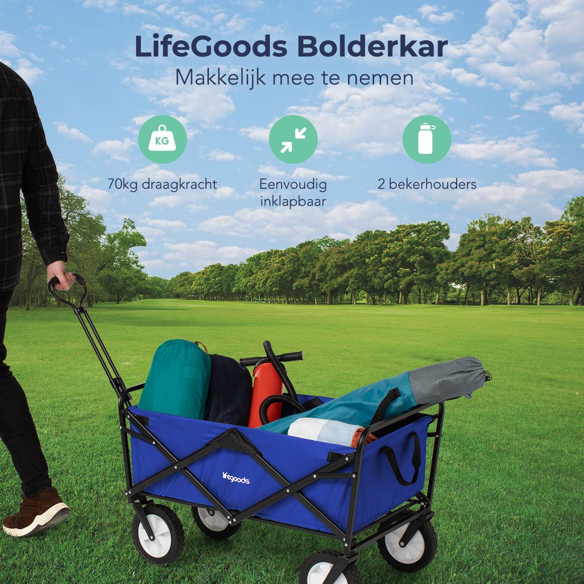 A man pulling a blue wagon on a grassy field. Text describes features like 70kg capacity and cup holders.