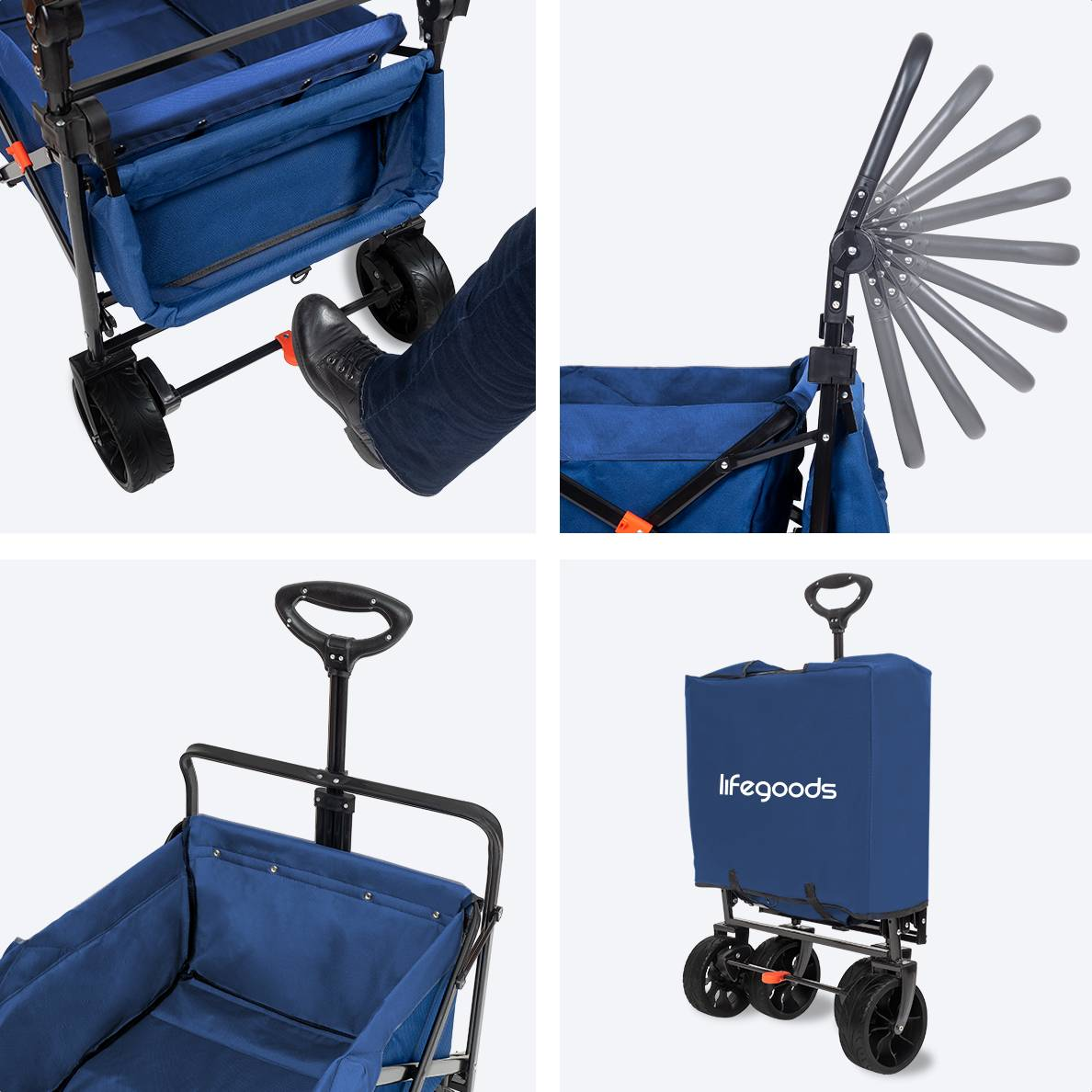 Four images showing a blue wagon with handle adjustments, foot brake, and folded form.