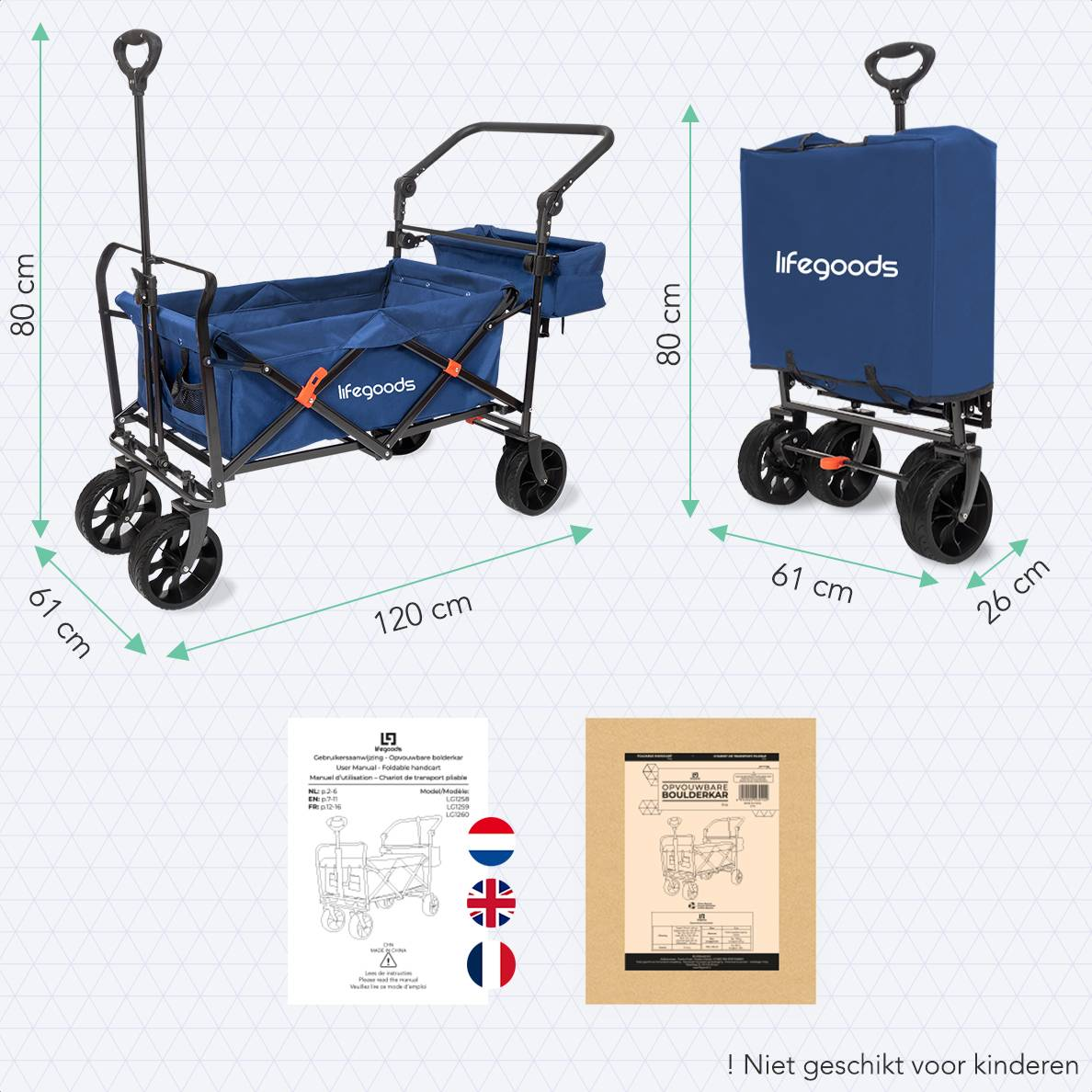 Wagon with dimensions, and instructions. Blue wagon with black frame, and white wheels. Dimensions in cm.