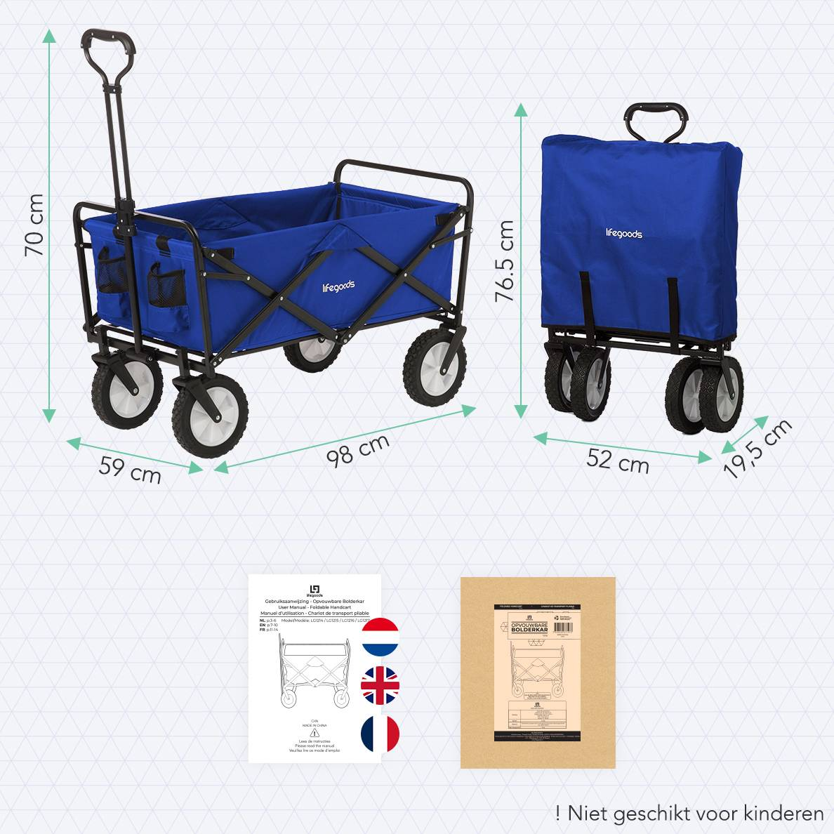 Wagon with dimensions and instructions. Blue wagon with black frame and white wheels. Dimensions in cm.