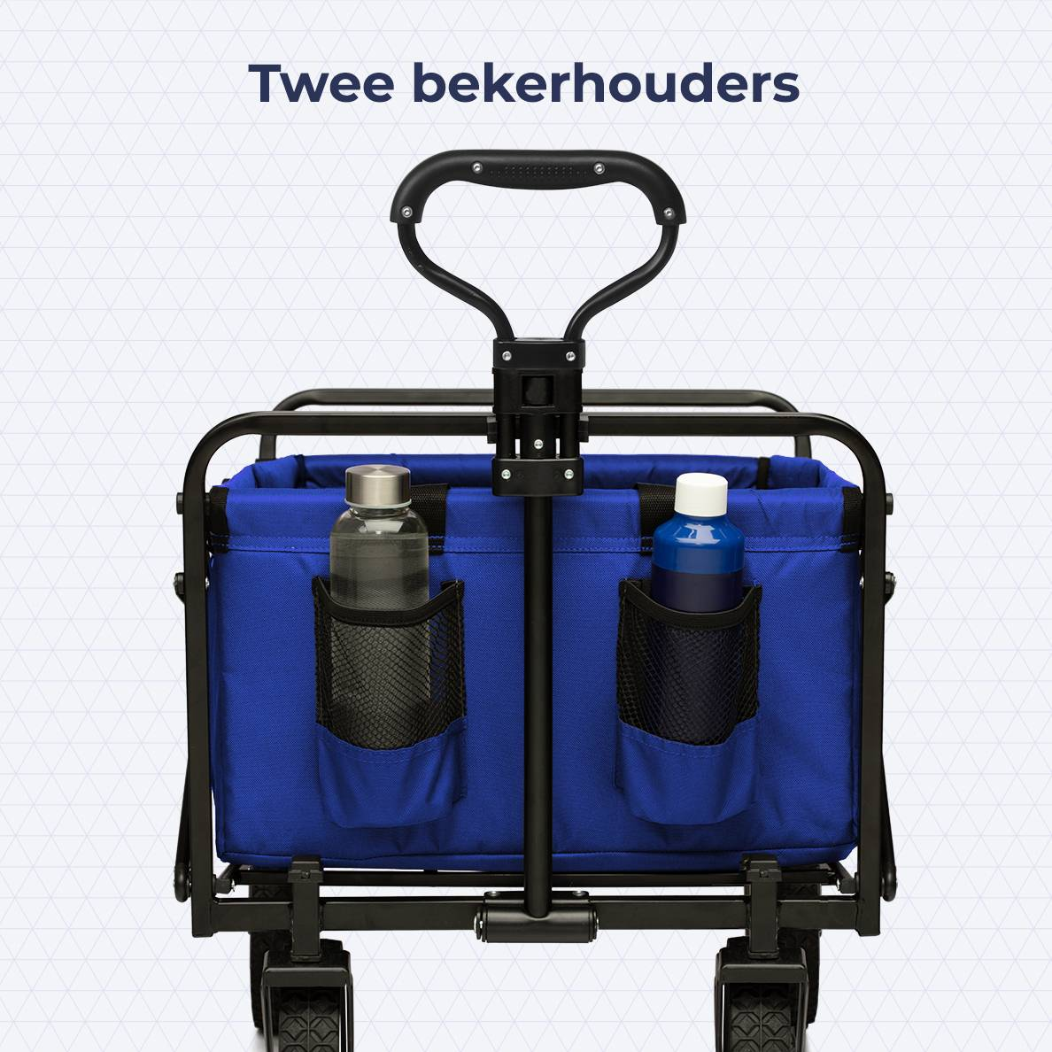 A blue wagon with two water bottle holders. The text reads 'Twee bekerhouders' (Two cup holders).