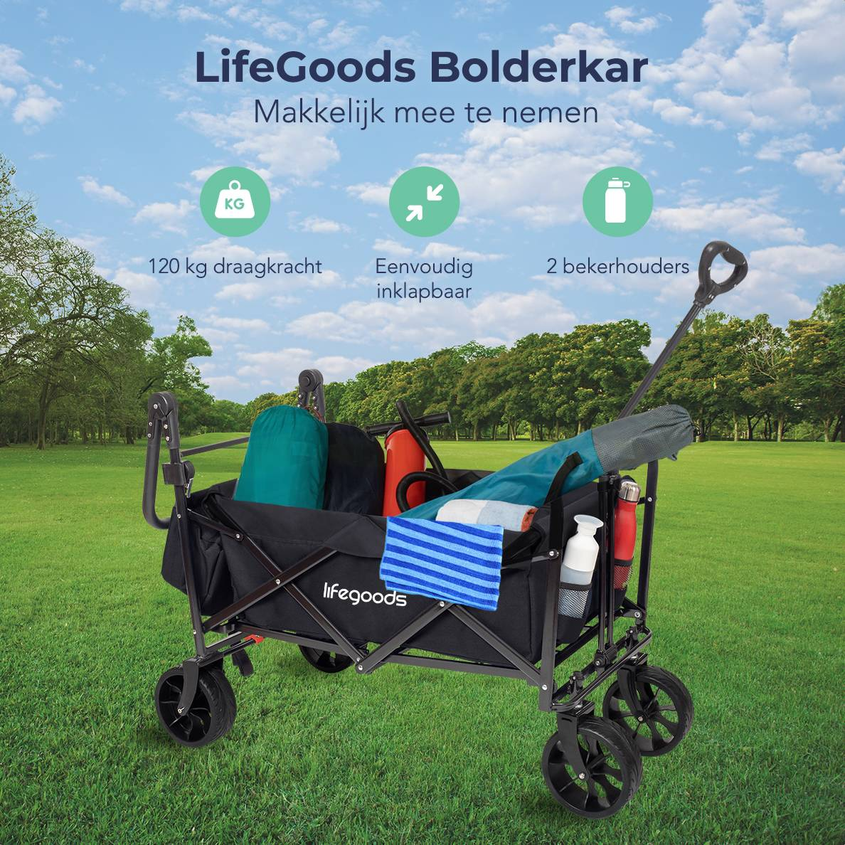 Black wagon with items, text about features. Green grass background with blue sky.