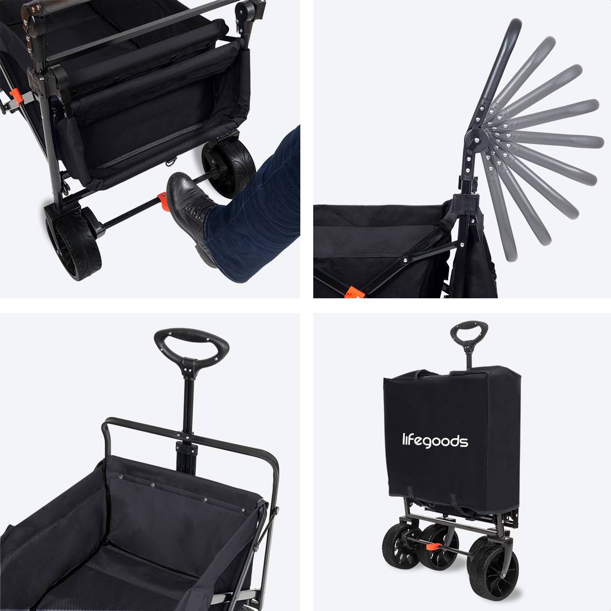 Four images showing a black wagon with a handle, foot brake, and folded form.