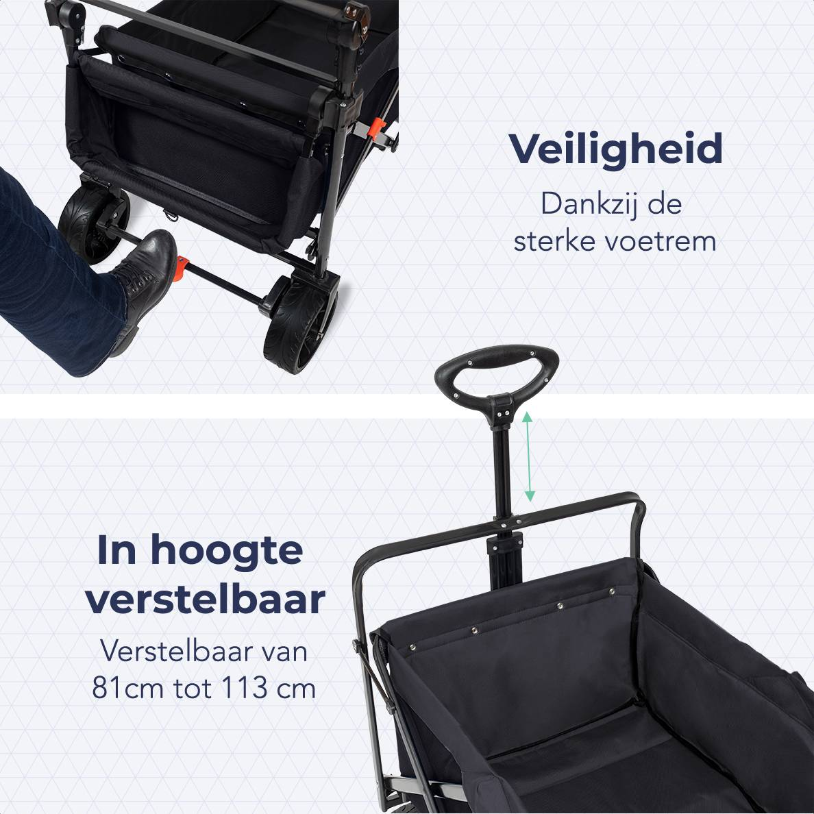 A black wagon with a handle and foot brake. Text reads 'In hoogte verstelbaar' (Height adjustable).