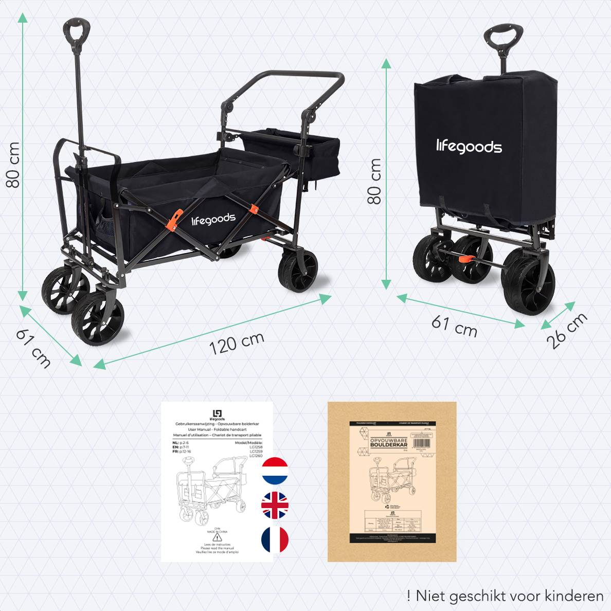 Wagon with dimensions, folded and unfolded. Manual, flag icons and text.