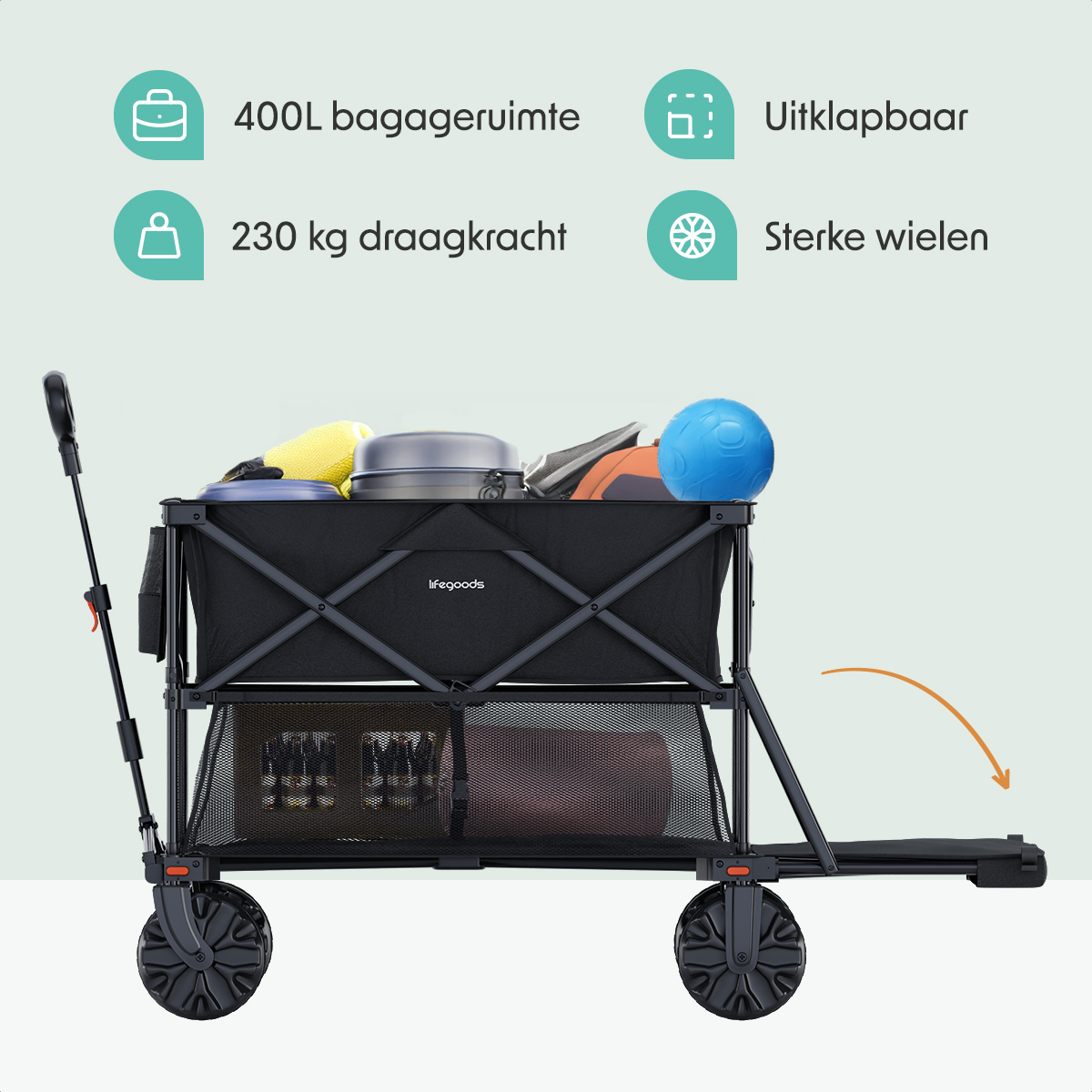 A black wagon loaded with items. Text indicates 400L bagageruimte (storage) and 230kg capacity.