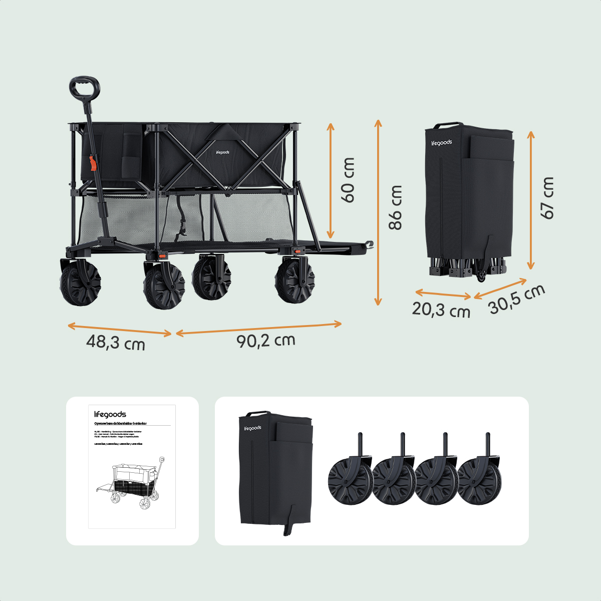 Diagram showing dimensions of a black wagon. Includes measurements in cm and a folded view.