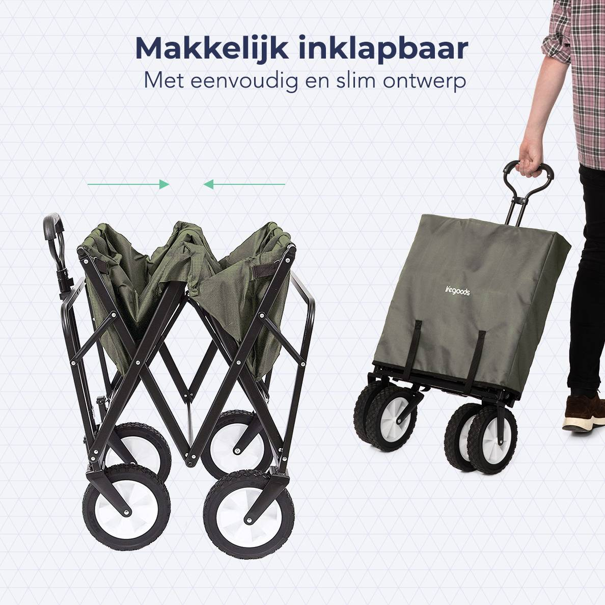 Two wagons are displayed, one folded and one in use. Text: Makkelijk inklapbaar Met eenvoudig en slim ontwerp.